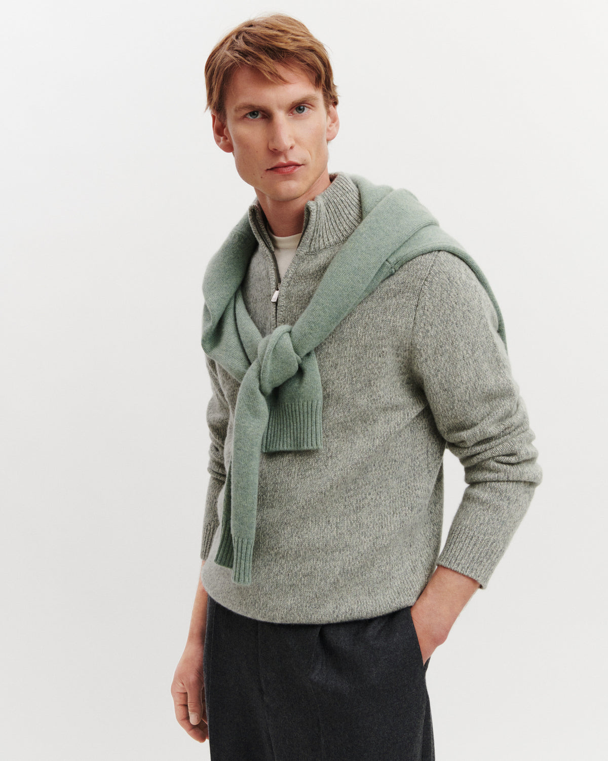 Pull camionneur mouliné-VERT DE GRIS/GRIS METEORITE-100% cachemire