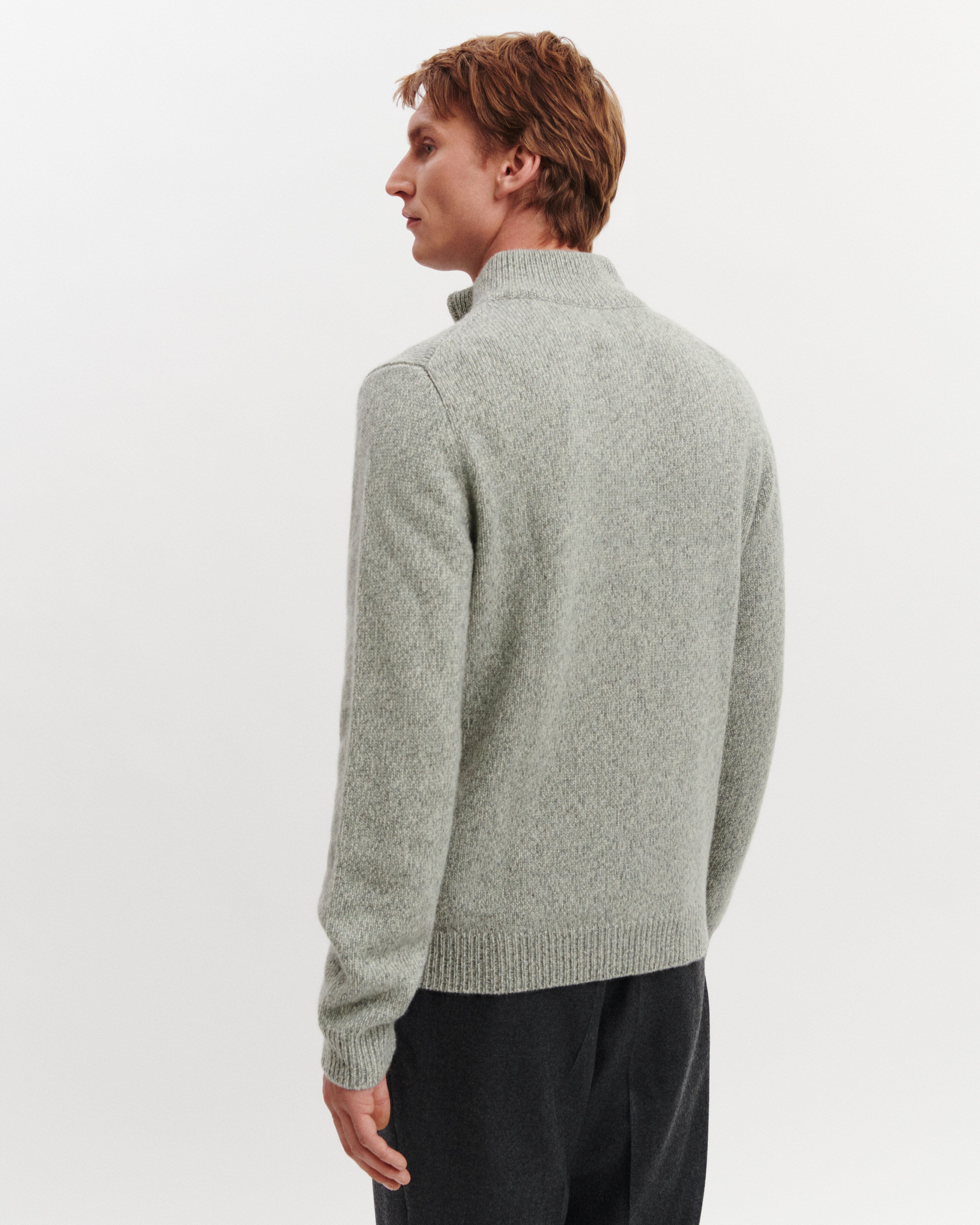 Pull camionneur mouliné-VERT DE GRIS/GRIS METEORITE-100% cachemire