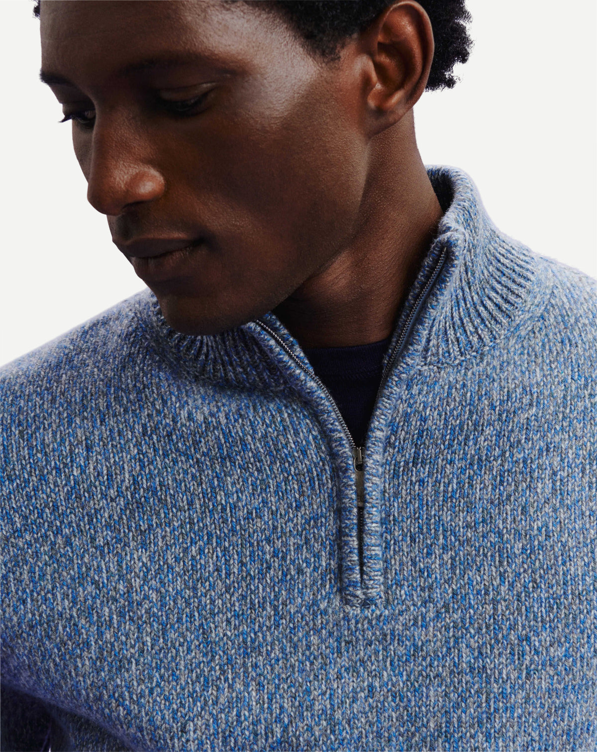 Pull camionneur mouliné-GRIS METEORITE/BLEU DE DELFT-100% cachemire