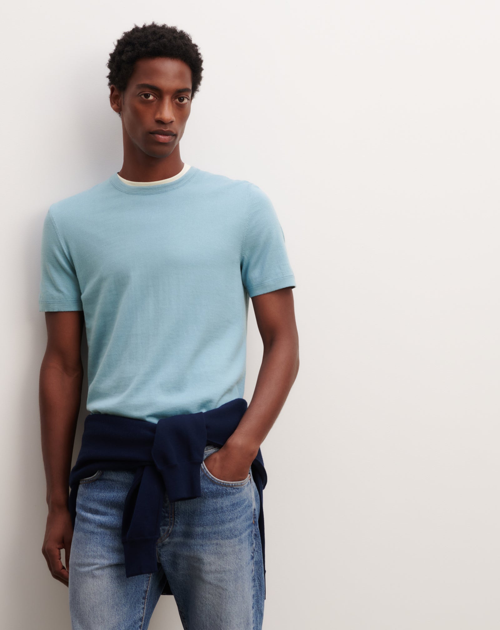T-shirt ultrafin-BLEU HERON-85% pima coton 15% cachemire