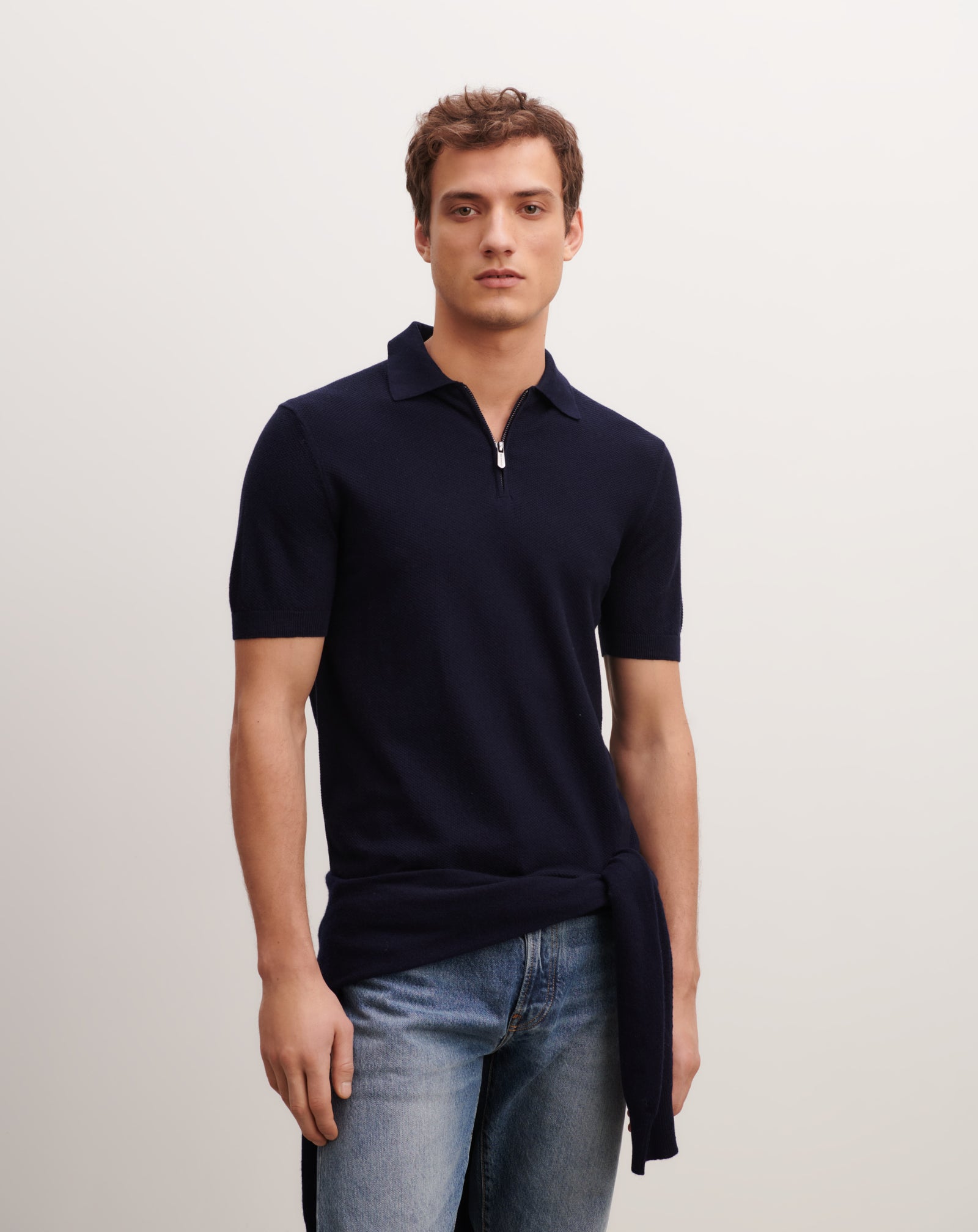 Polo piqué col zippé-MARINE-85% pima coton 15% cachemire