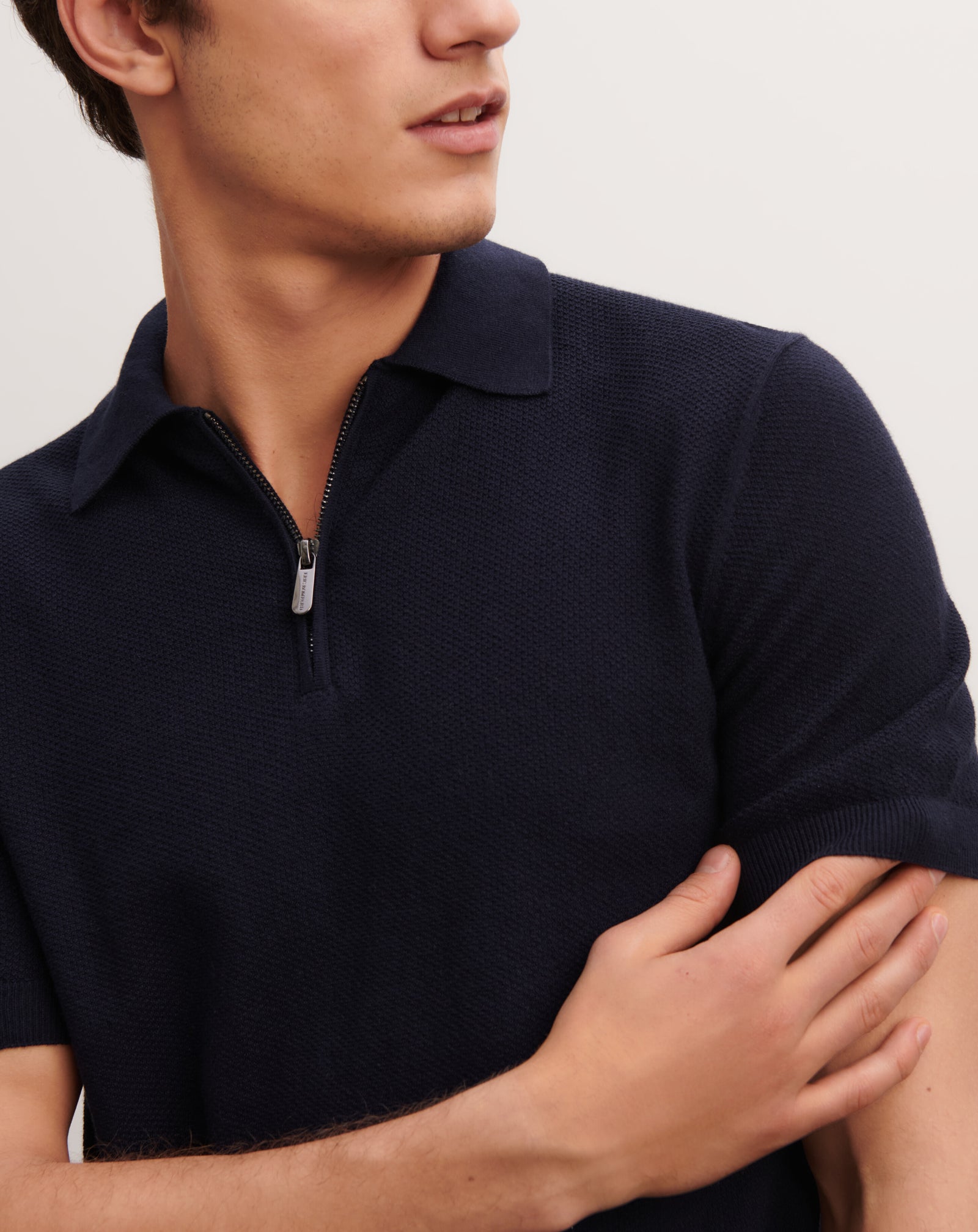 Polo piqué col zippé-MARINE-85% pima coton 15% cachemire
