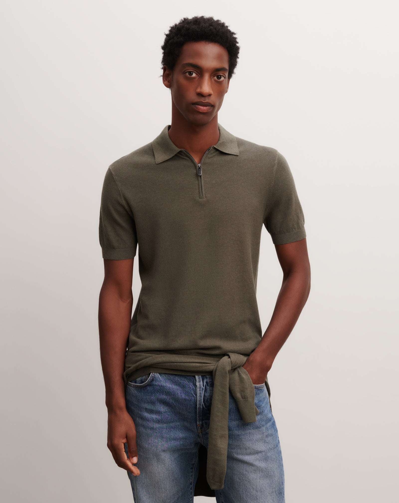 Polo piqué col zippé-KAKI OMBRE-85% pima coton 15% cachemire