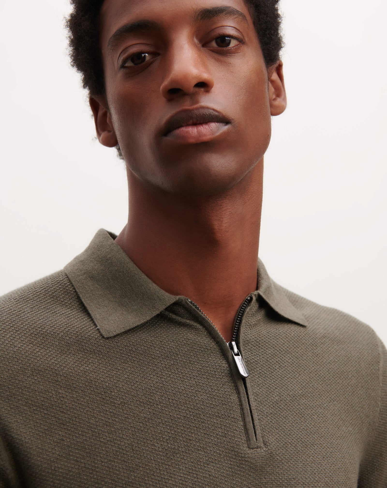 Polo piqué col zippé-KAKI OMBRE-85% pima coton 15% cachemire