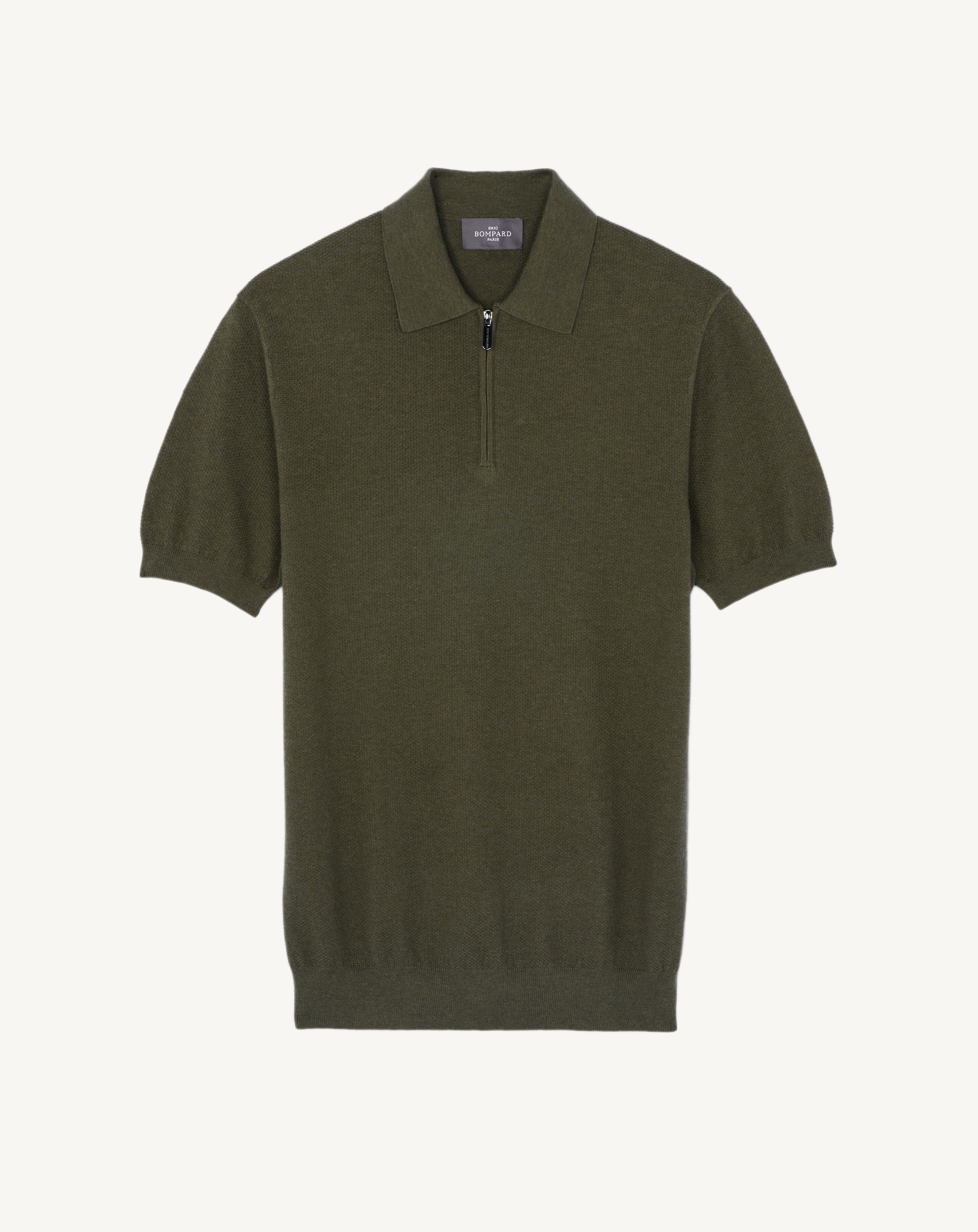 Polo piqué ultrafin col zippé-KAKI OMBRE-85% PIMA COTON 15% CACHEMIRE
