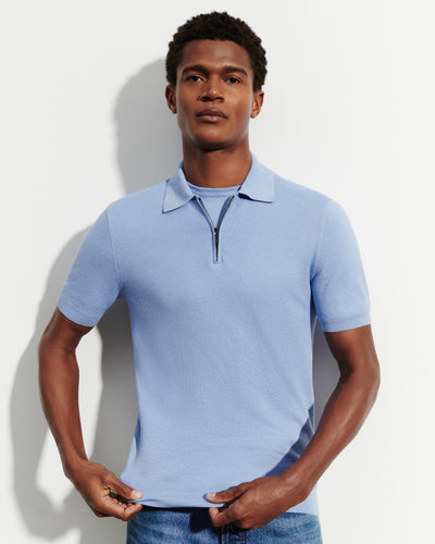 Polo piqué col zippé-BLEU AGATE-85% pima coton 15% cachemire