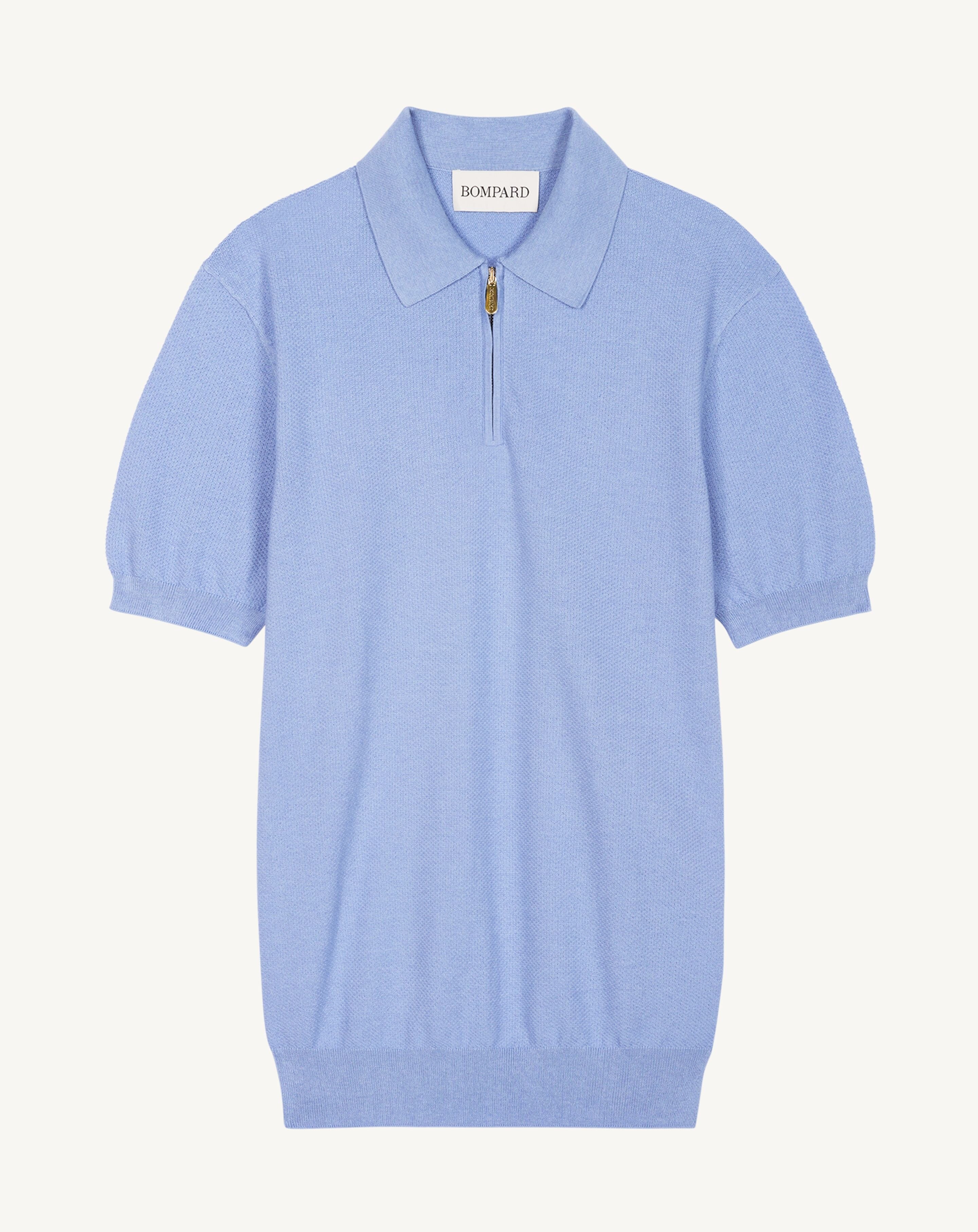 Polo piqué col zippé-BLEU AGATE-85% pima coton 15% cachemire