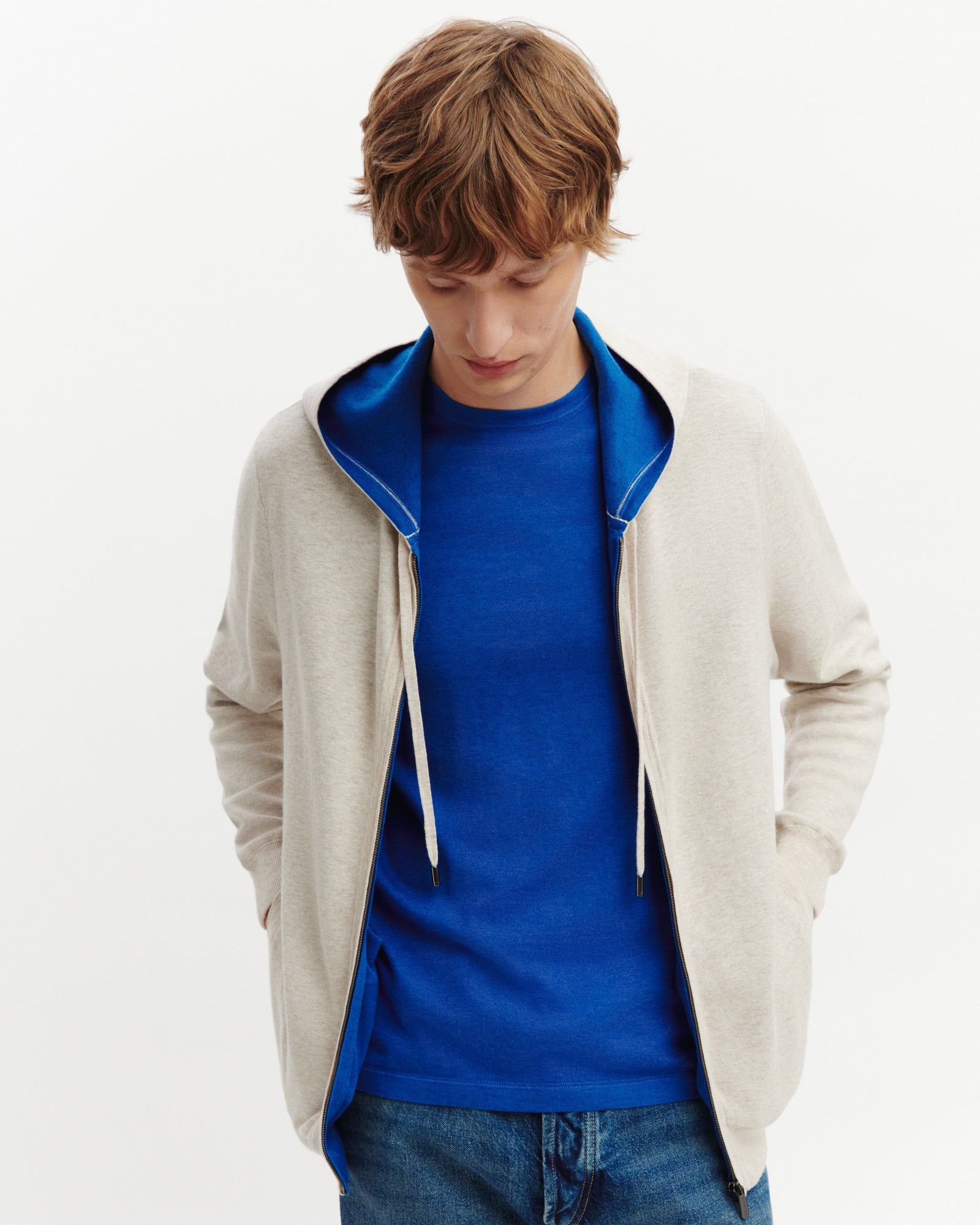 Hoodie zippé double face-TOURTERELLE/ATLANTIQUE-85% pima coton 15% cachemire
