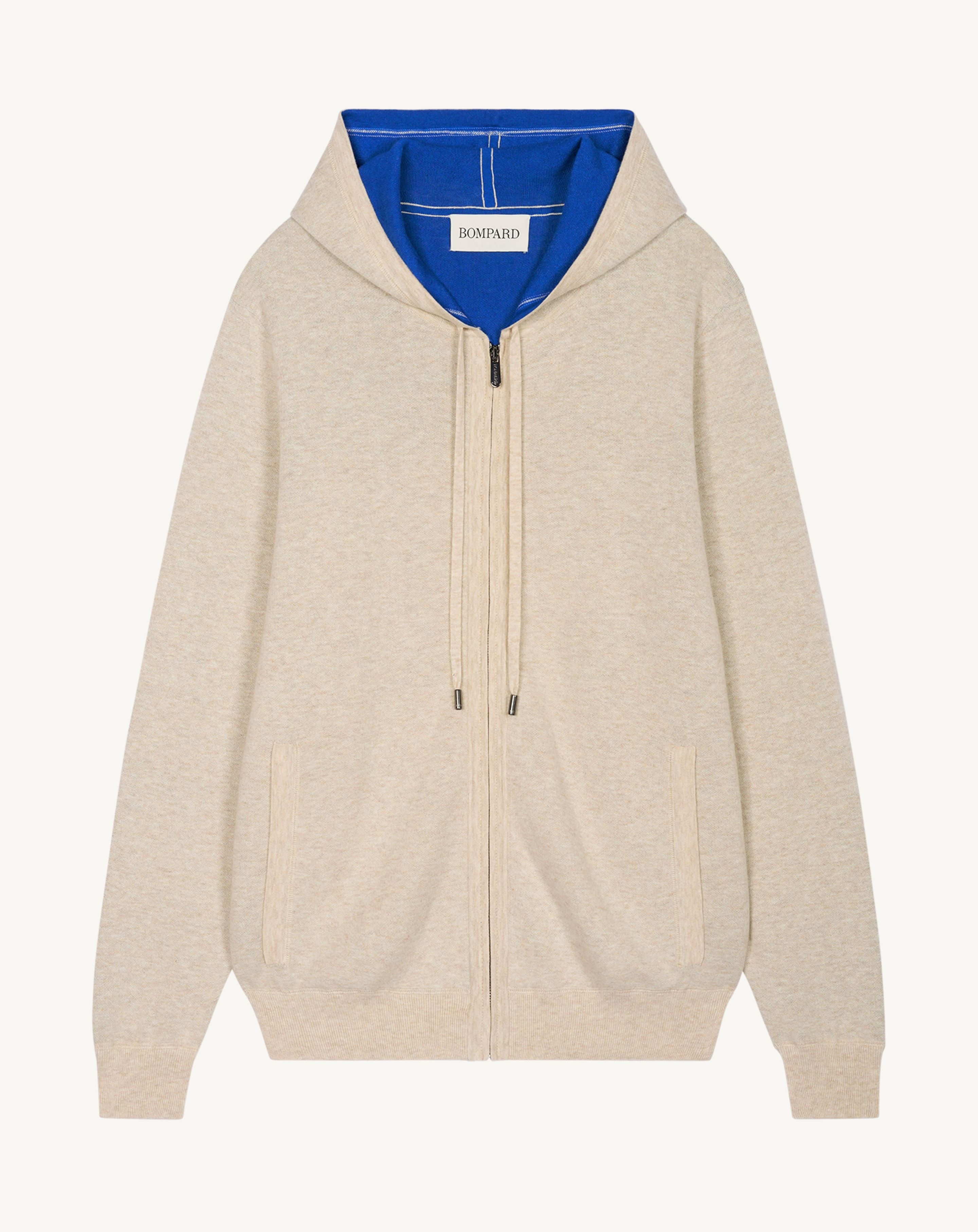 Hoodie zippé double face-TOURTERELLE/ATLANTIQUE-85% pima coton 15% cachemire