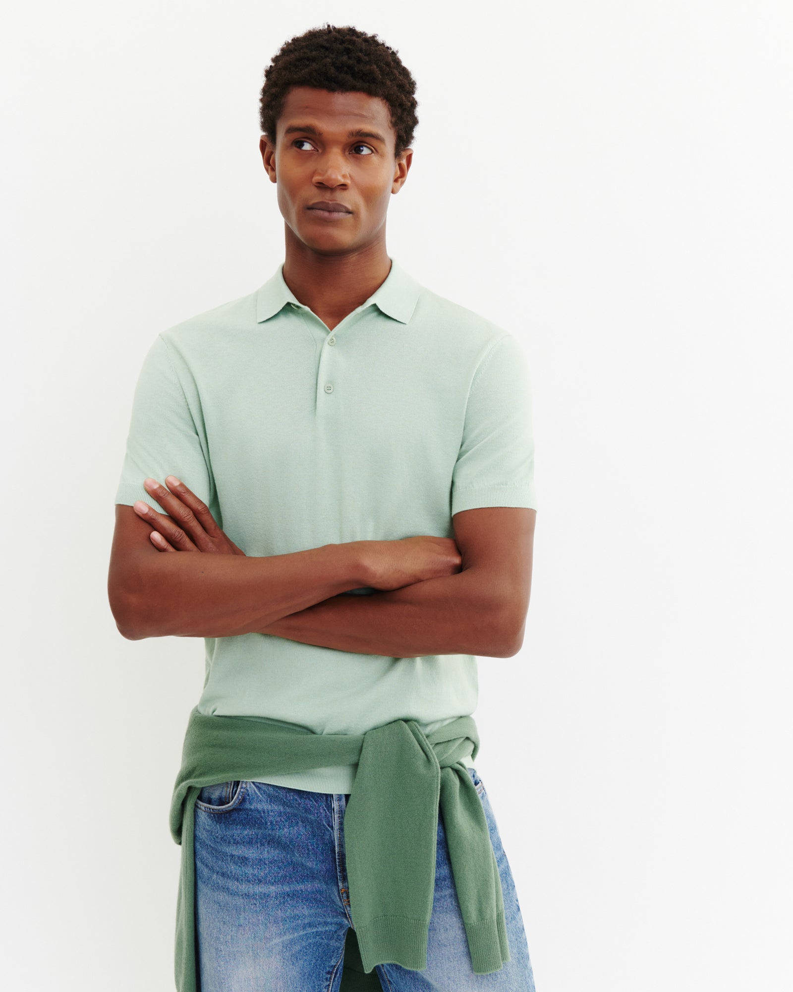 Polo uni-VERT AMANDE-85% pima coton 15% cachemire
