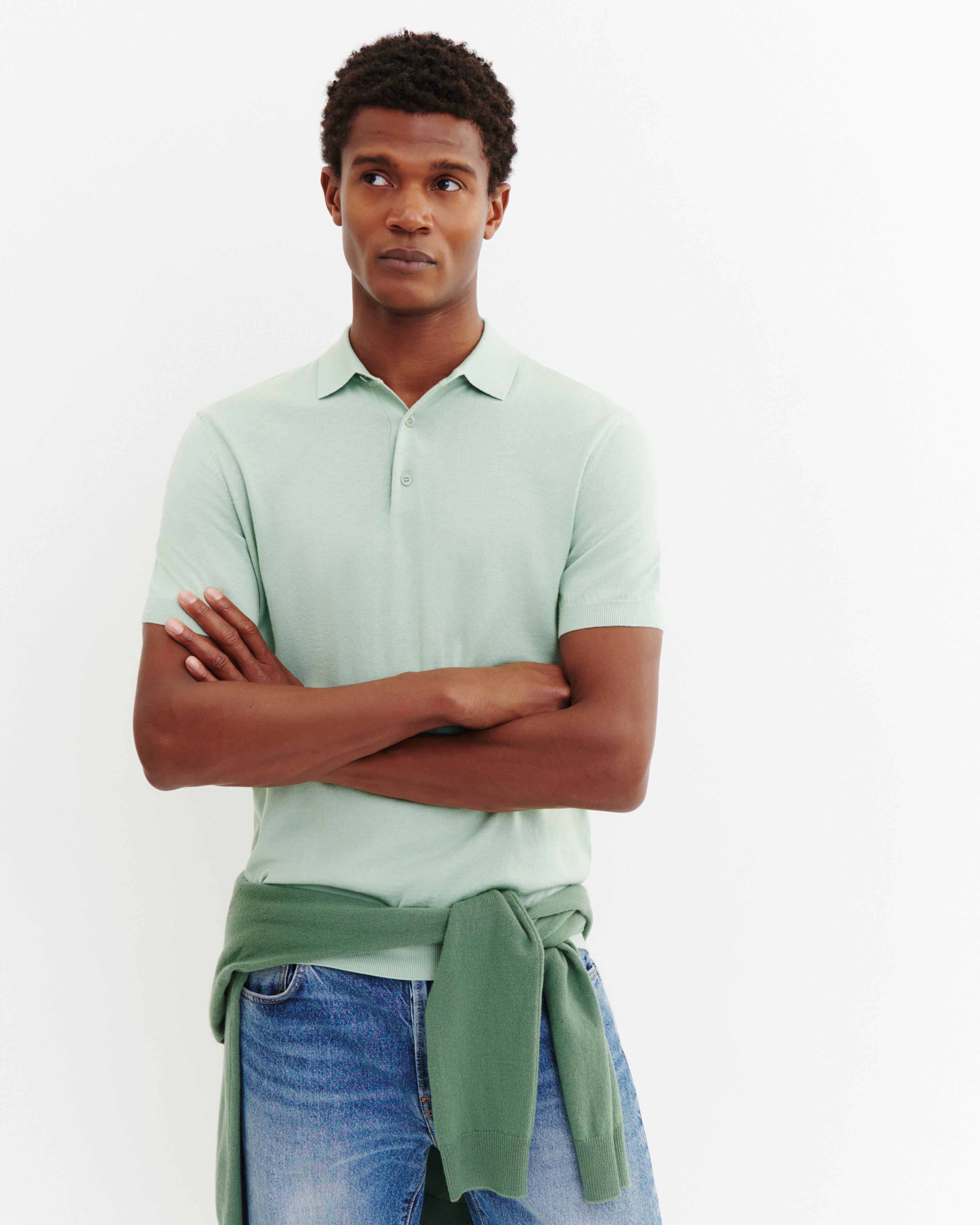 Polo uni-VERT AMANDE-85% pima coton 15% cachemire