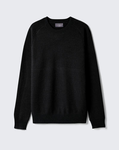 Pull col rond à côtes en biais-NOIR-100% CACHEMIRE