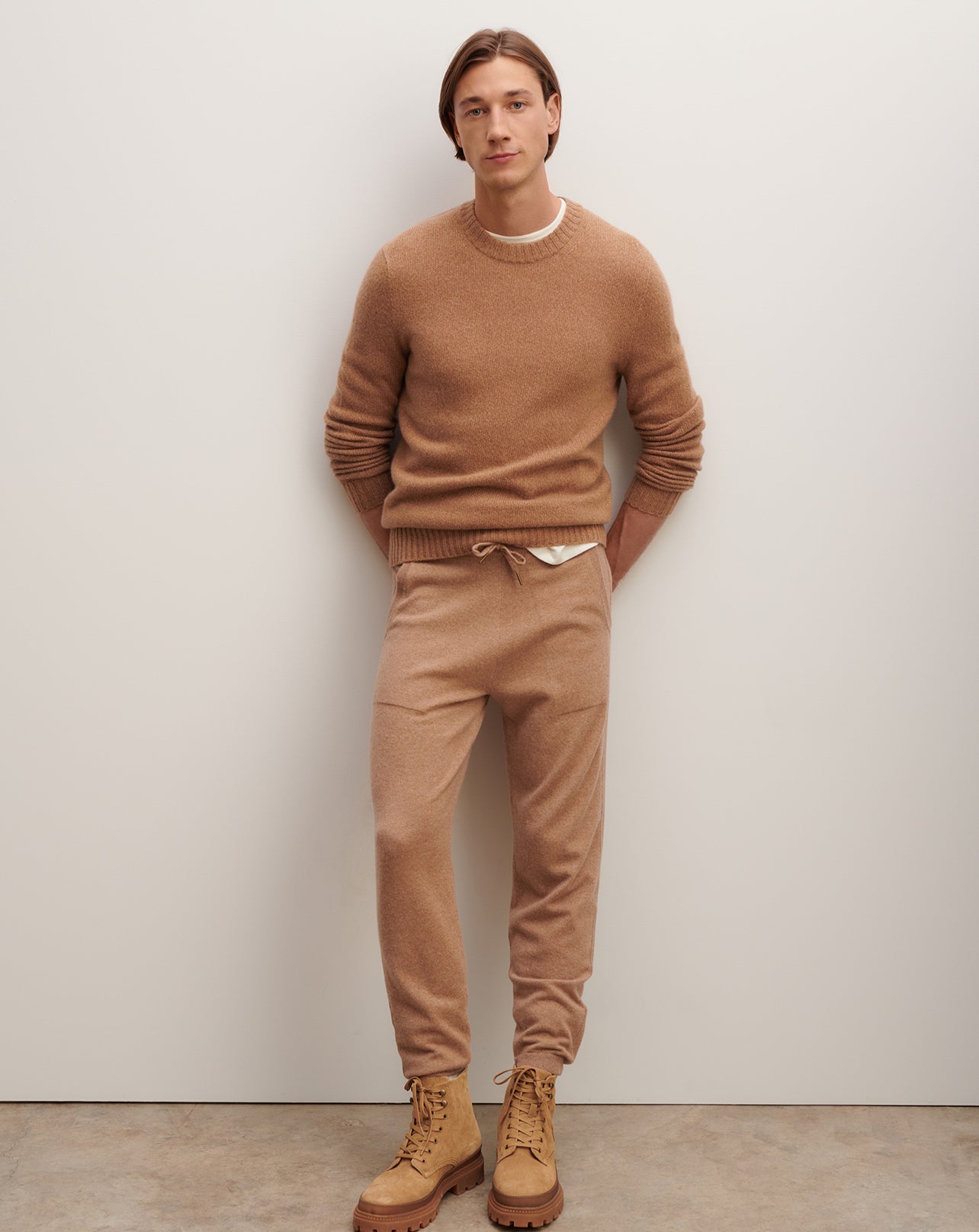 Pull col rond mouliné-CARAMEL/VICUNA-100% cachemire