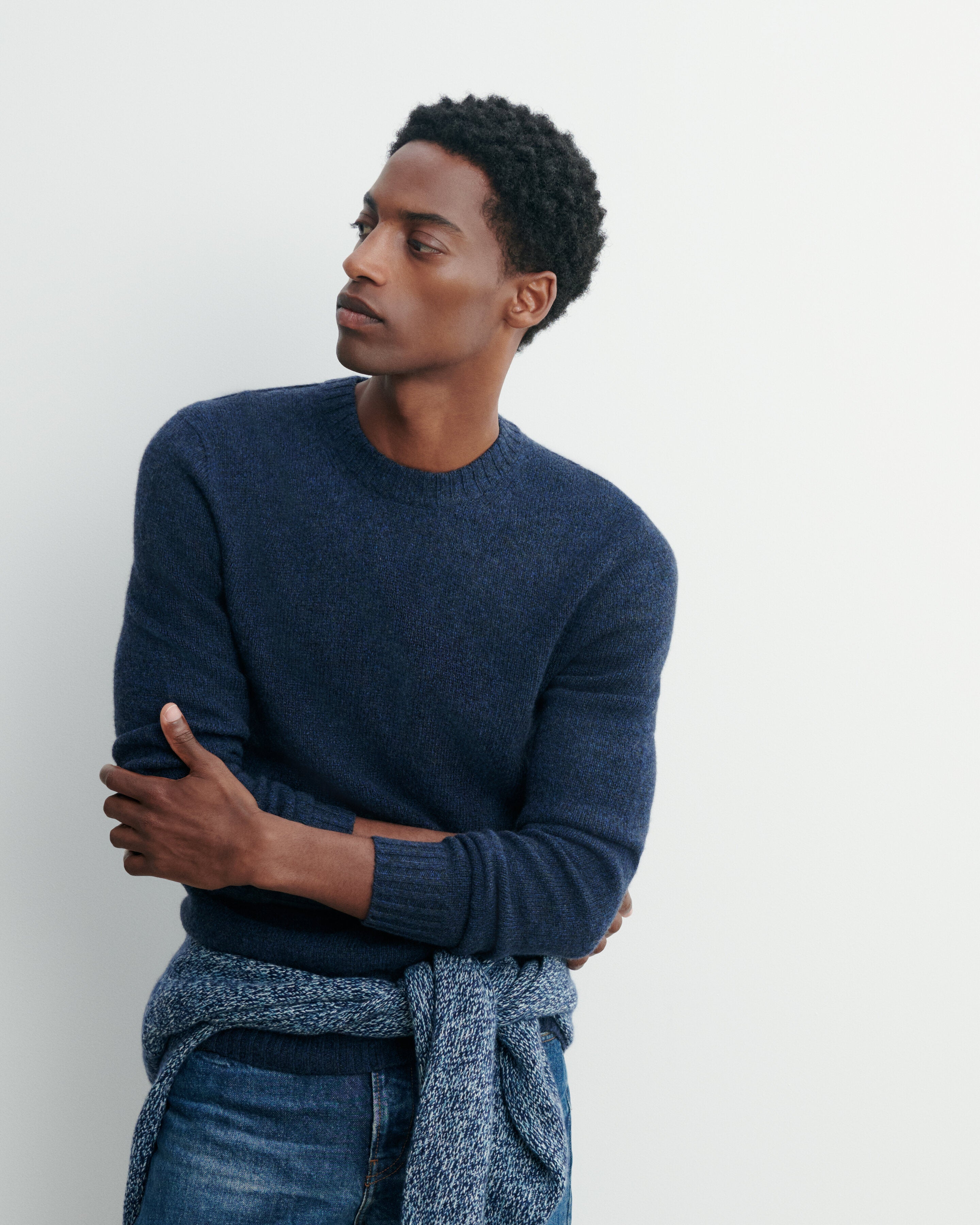 Pull col rond mouliné-CHARBON/BLEU CONCORDE-100% cachemire