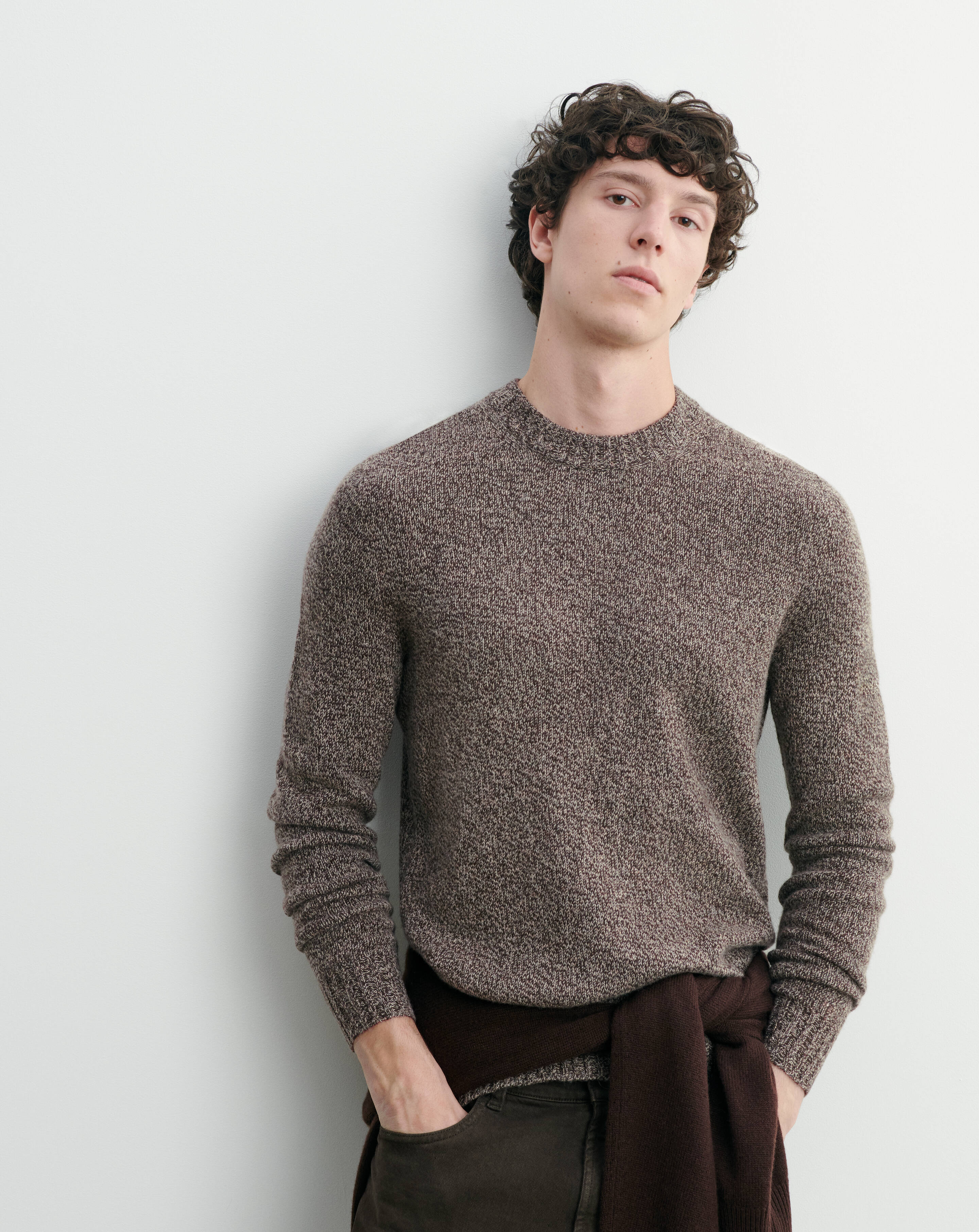 Pull col rond mouliné-CHOCOLAT/MILLET-100% cachemire