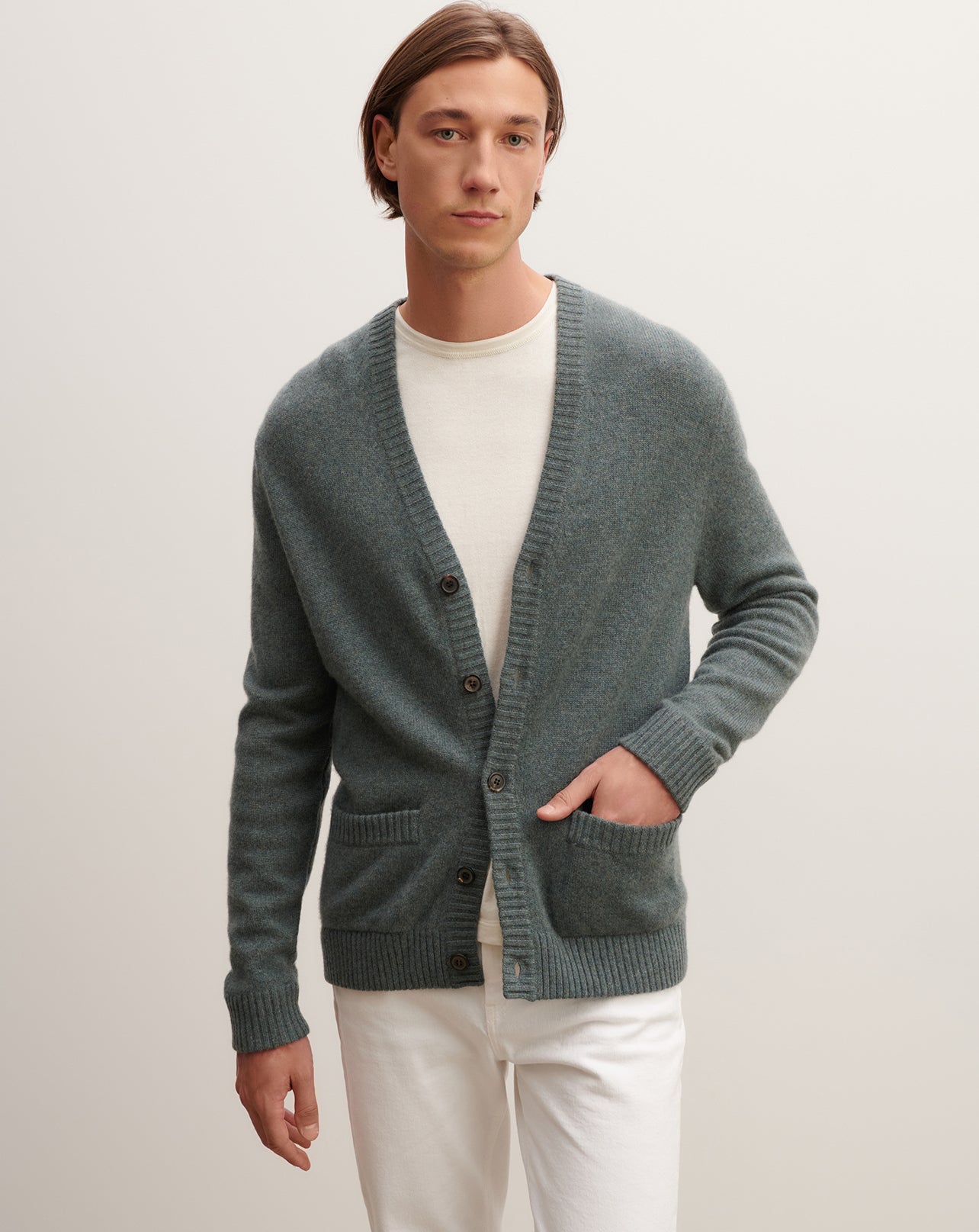 Gilet à poches-VERT RIVAGE-100% cachemire