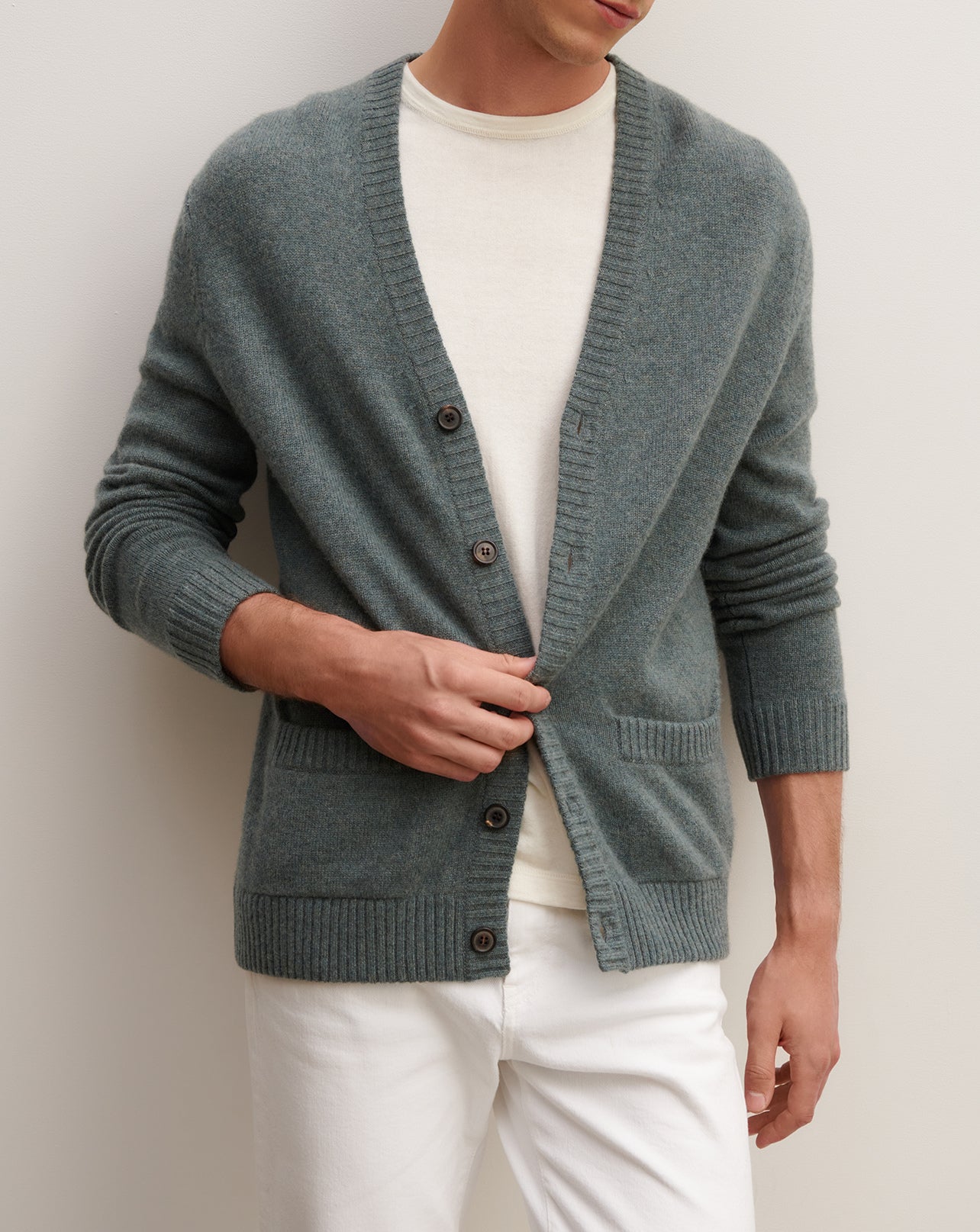 Gilet à poches-VERT RIVAGE-100% cachemire