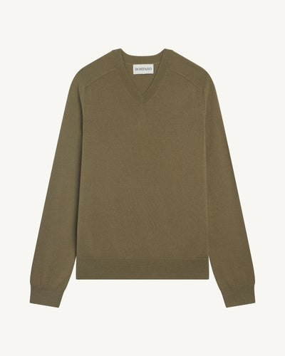 Pull V manches marteau-ARGILE-100% cachemire