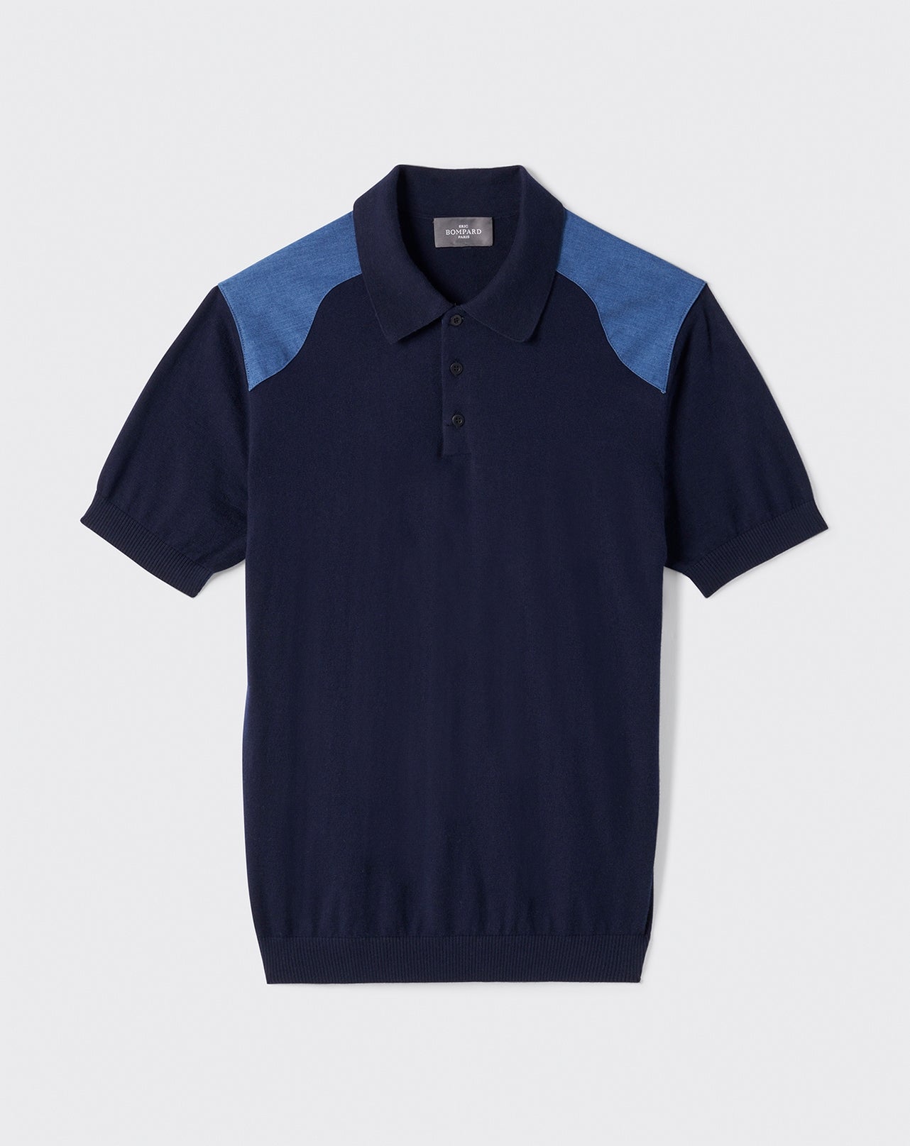 Polo manches courtes épaules denim-MARINE/DENIM FABRIC-85% PIMA COTON 15% CACHEMIRE