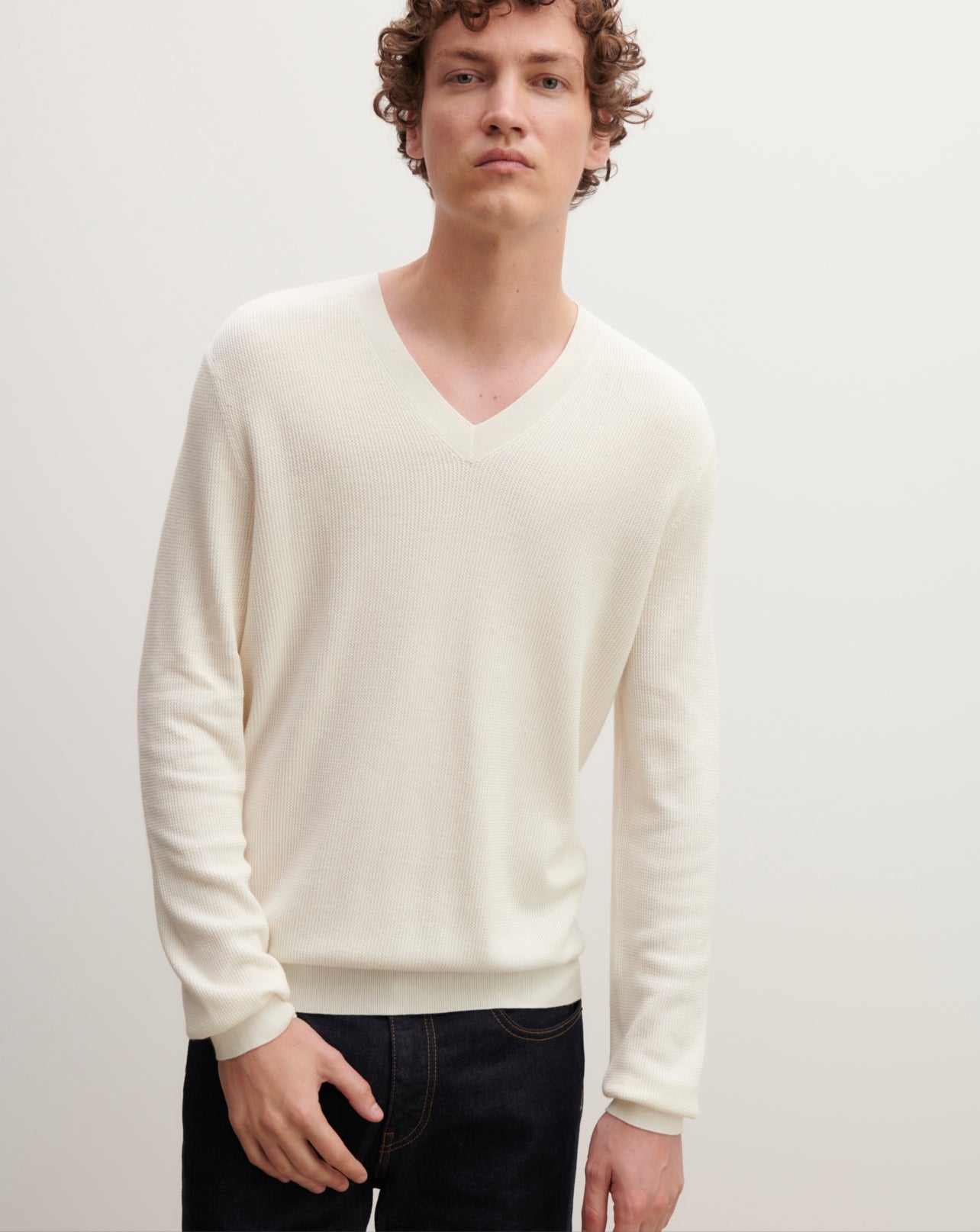 Pull col V texturé-NATUREL-85% pima coton 15% cachemire