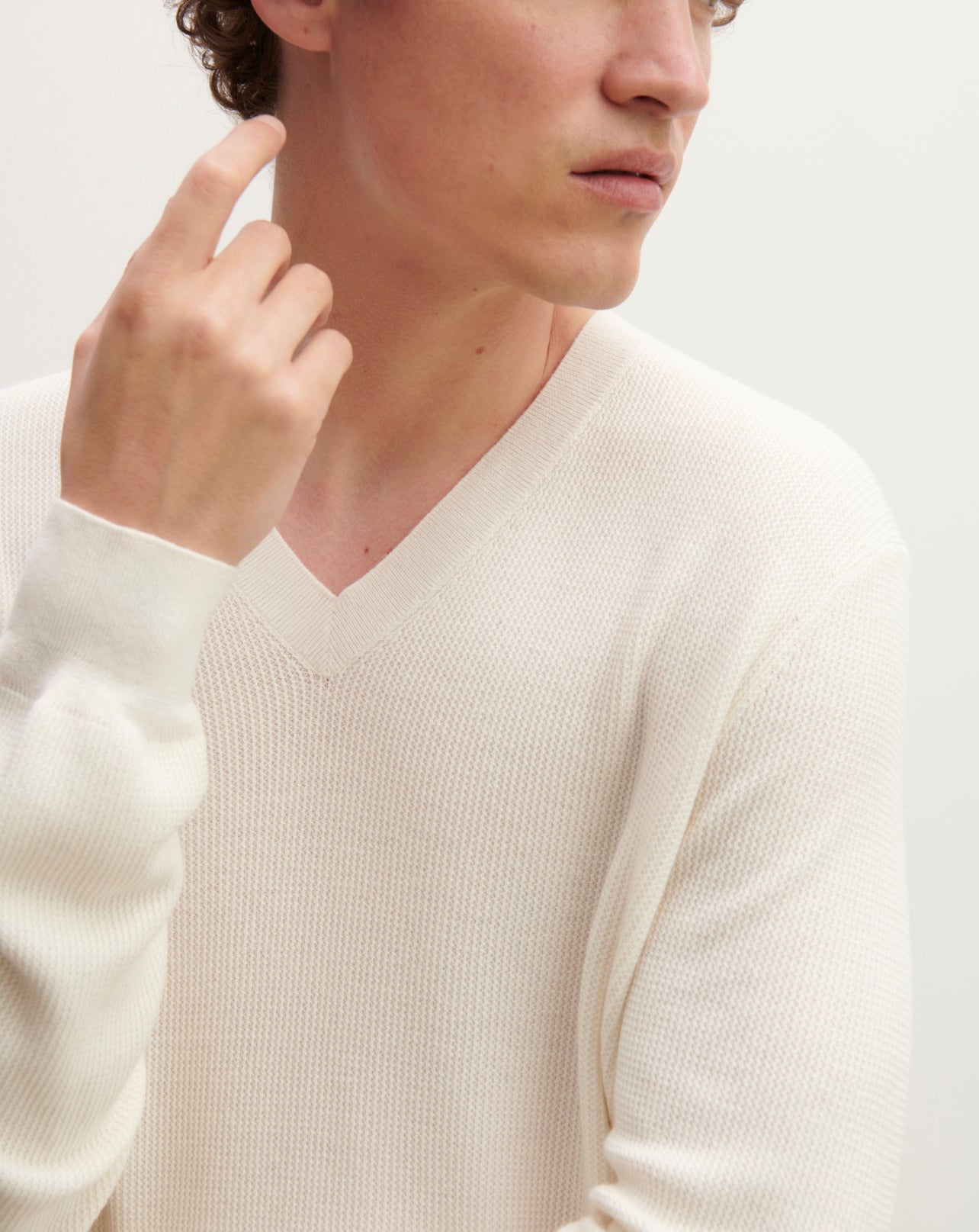 Pull col V texturé-NATUREL-85% pima coton 15% cachemire