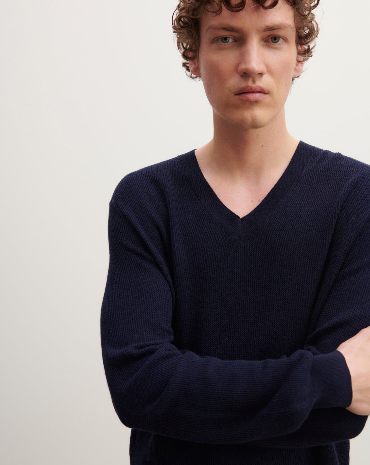 Pull col V texturé-MARINE-85% pima coton 15% cachemire
