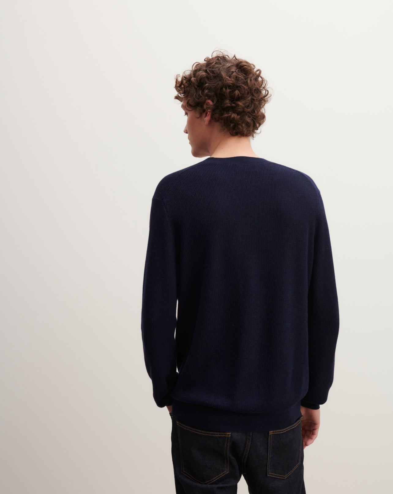 Pull col V texturé-MARINE-85% pima coton 15% cachemire