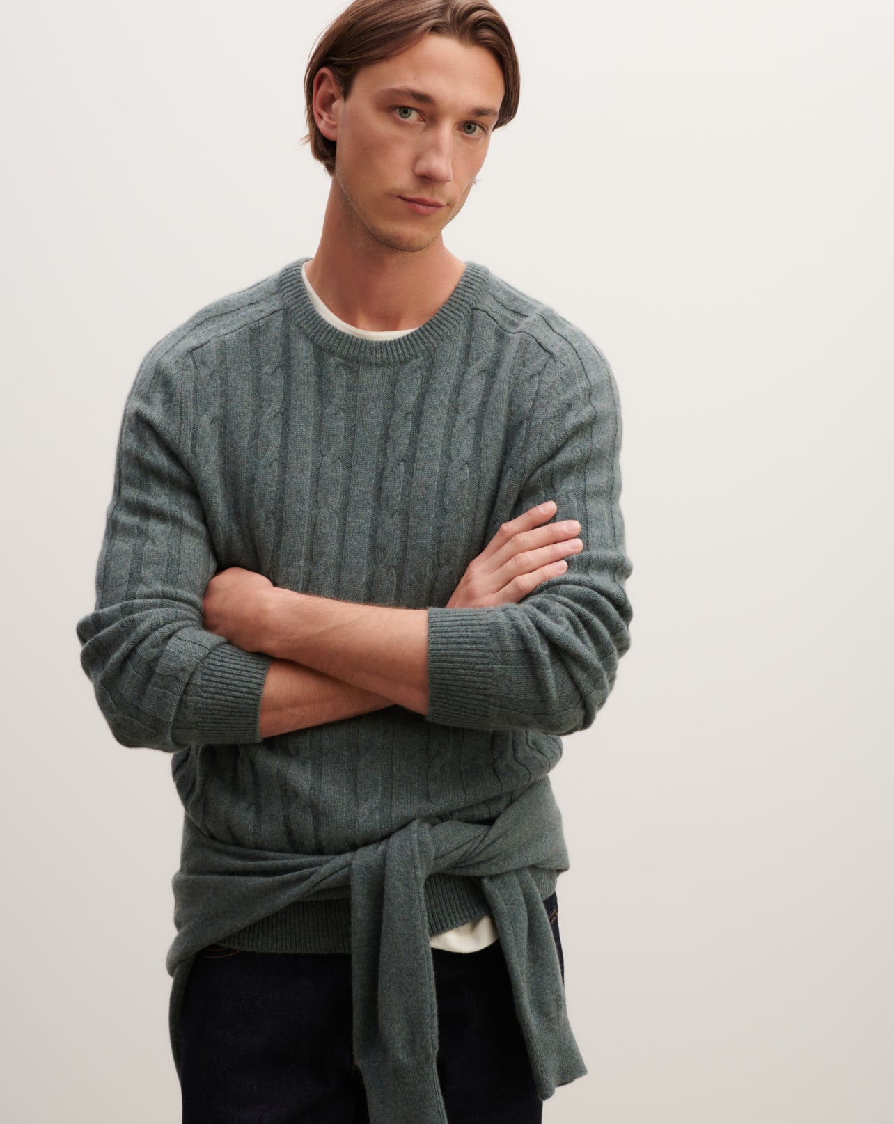 Pull col rond à torsades-VERT RIVAGE-100% cachemire