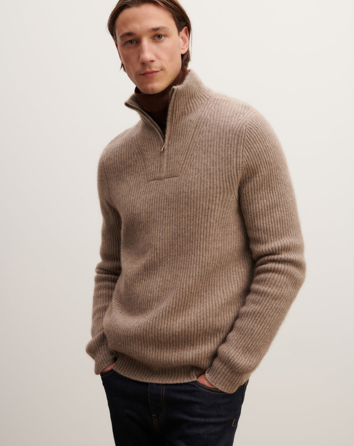 Pull camionneur à côtes-TAUPE-50% cachemire 50% yak