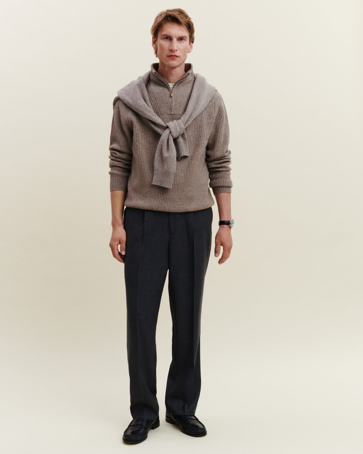 Pull camionneur à côtes-TAUPE-50% cachemire 50% yak