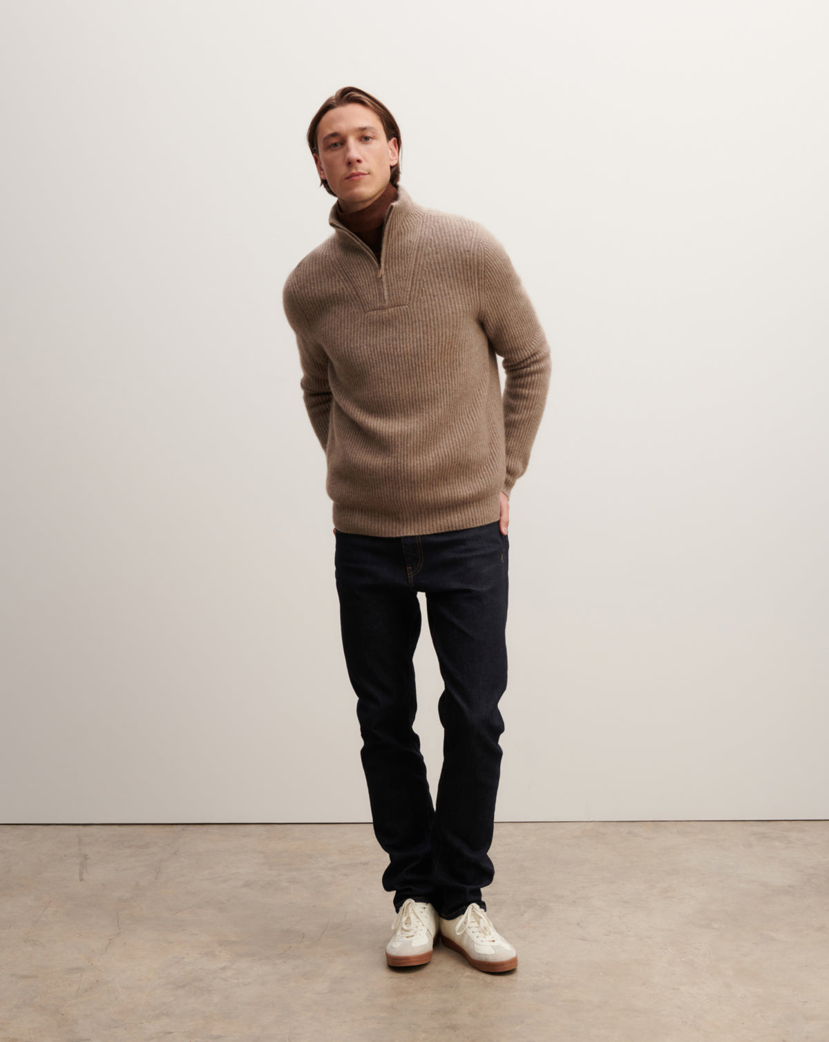 Pull camionneur à côtes-TAUPE-50% cachemire 50% yak