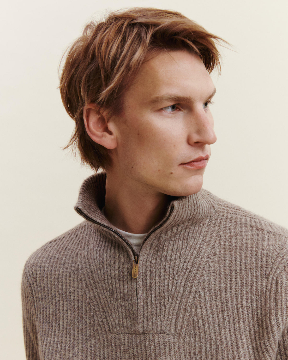 Pull camionneur à côtes-TAUPE-50% cachemire 50% yak