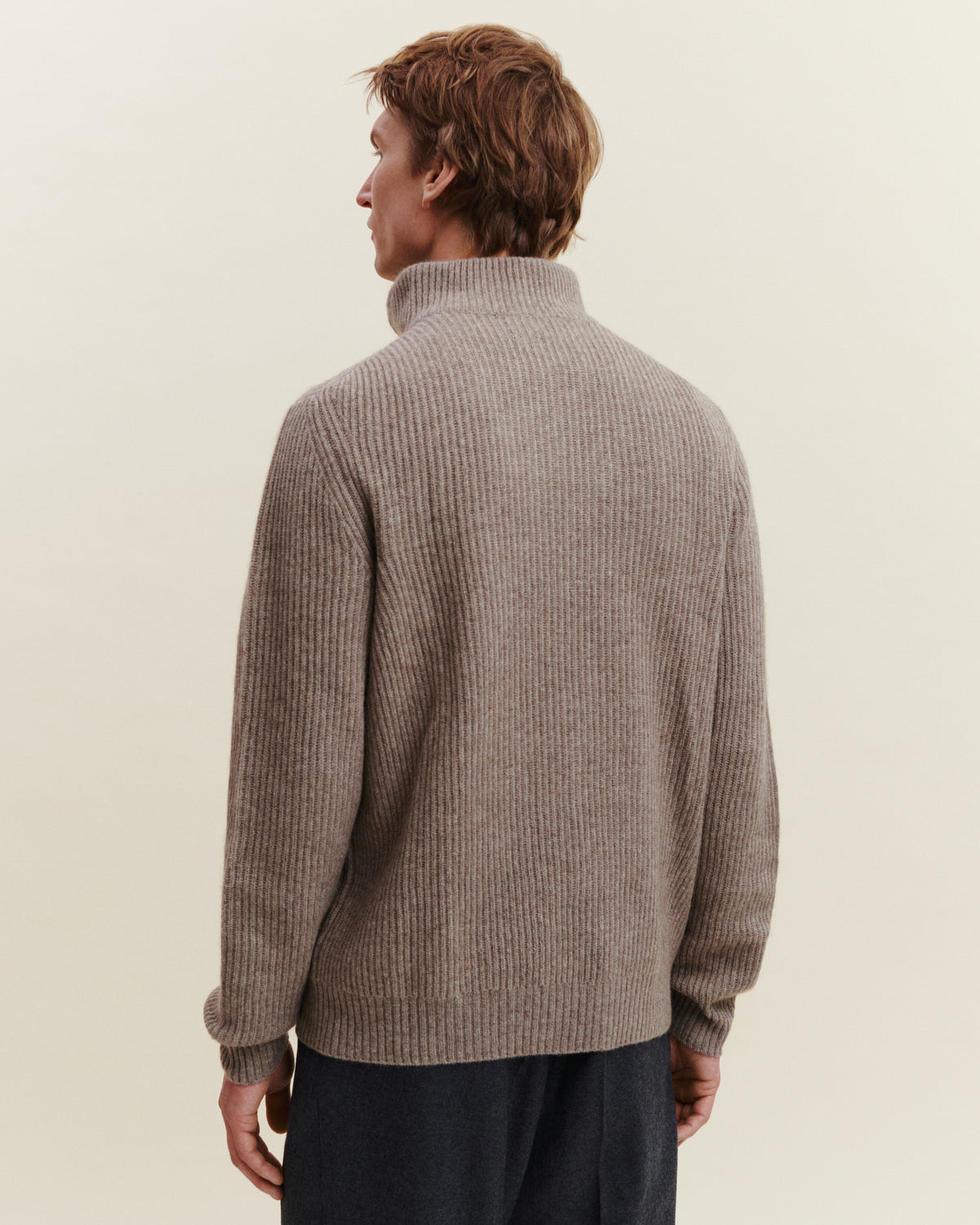 Pull camionneur à côtes-TAUPE-50% cachemire 50% yak