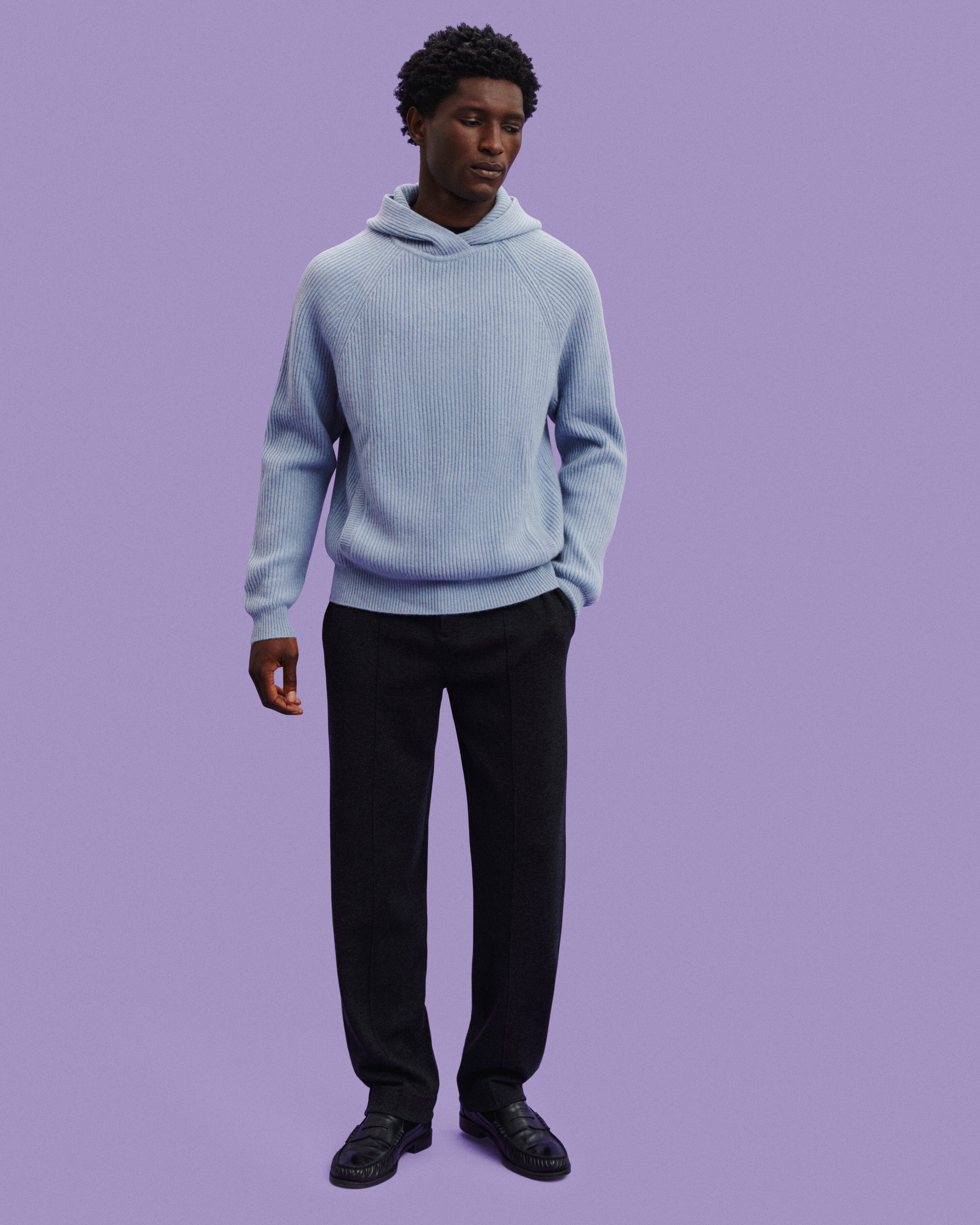 Pull à capuche à côtes-BLEU GLACIER-100% cachemire