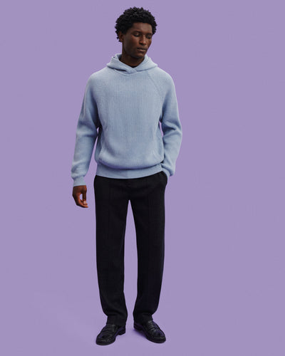 Pull à capuche à côtes-BLEU GLACIER-100% cachemire