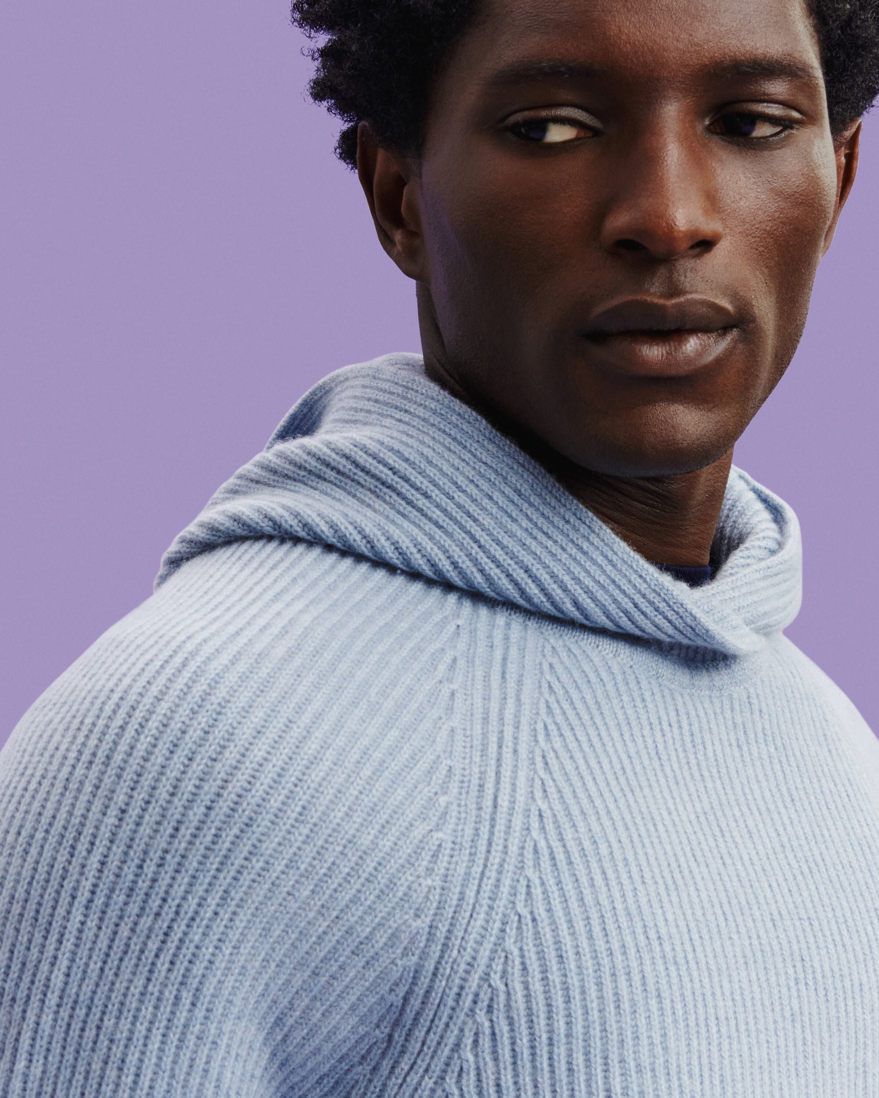 Pull à capuche à côtes-BLEU GLACIER-100% cachemire