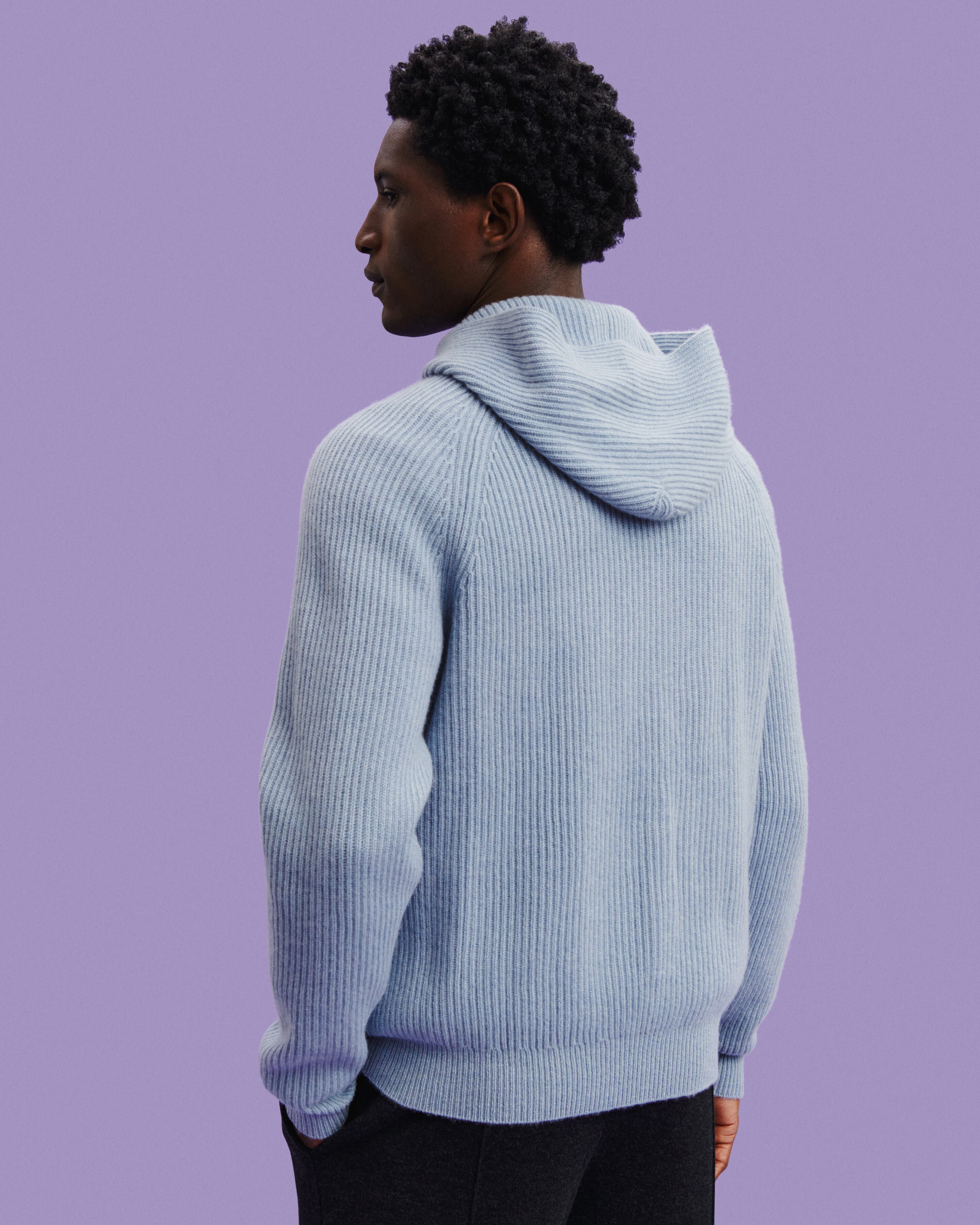 Pull à capuche à côtes-BLEU GLACIER-100% cachemire