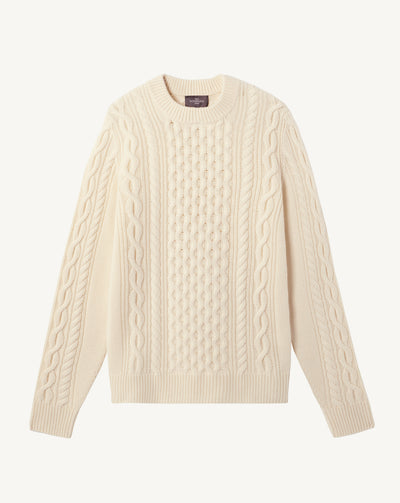 Pull col rond à torsades-ECRU-100% cachemire