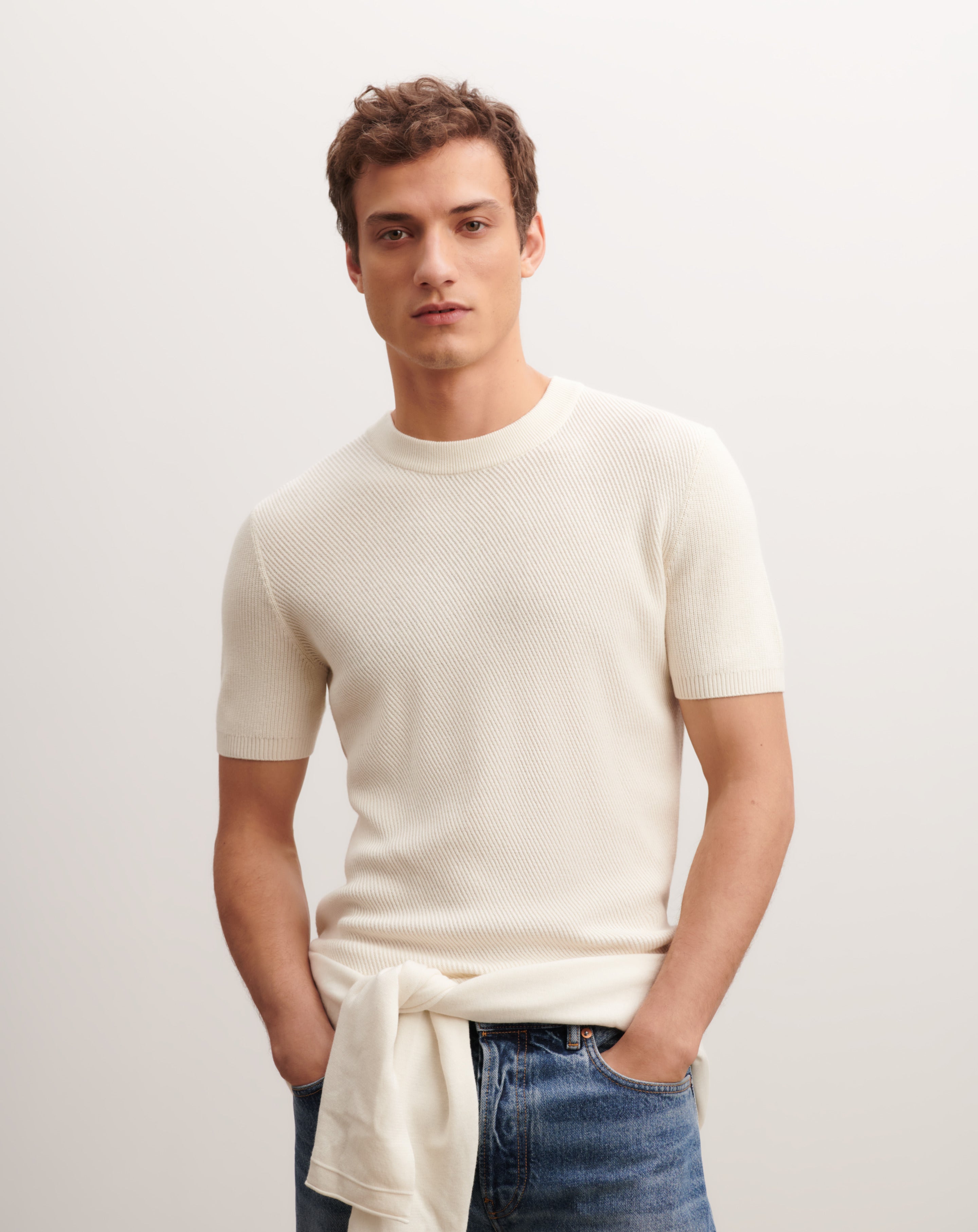 Pull col rond à côtes-NATUREL-85% pima coton 15% cachemire