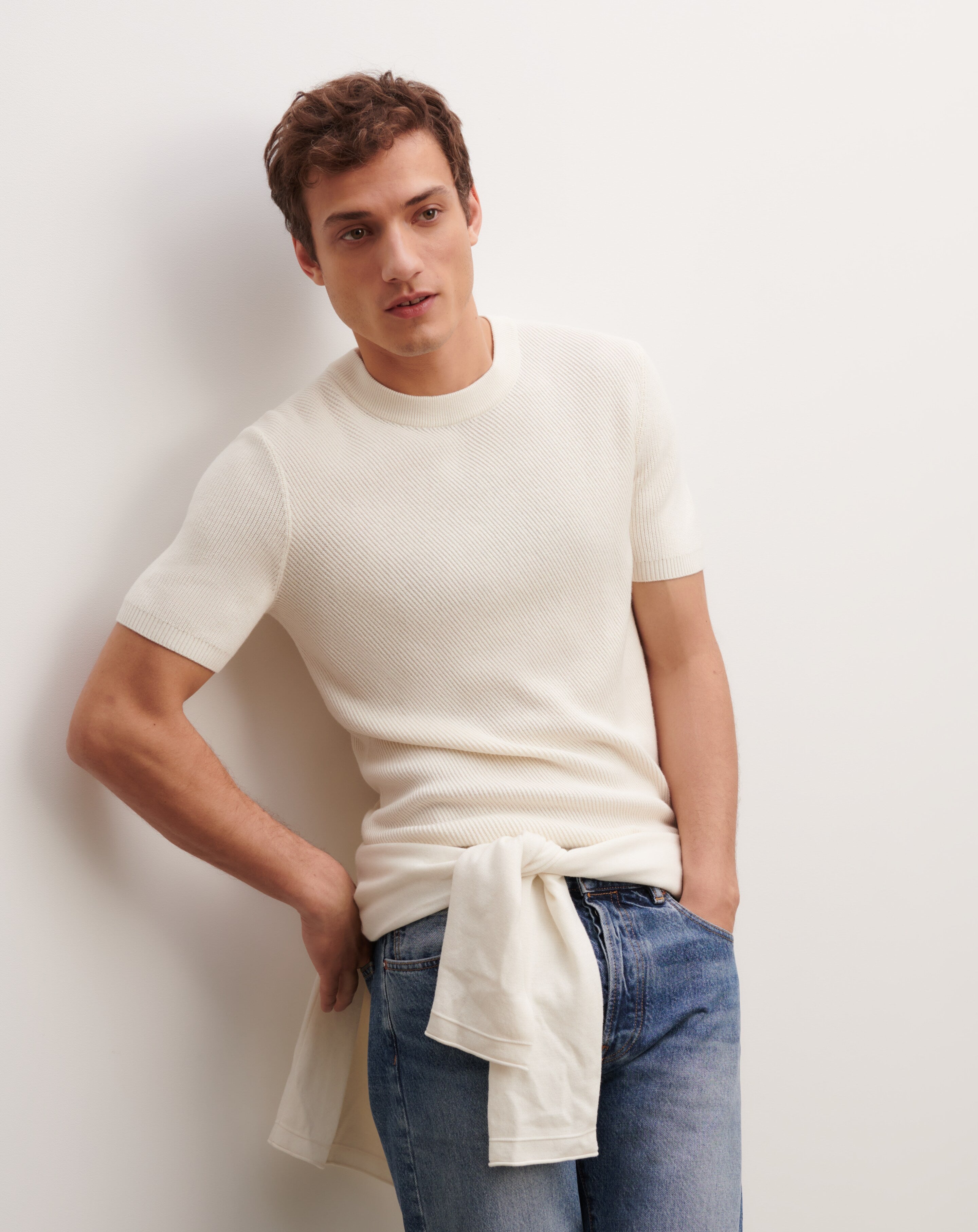 Pull col rond à côtes-NATUREL-85% pima coton 15% cachemire