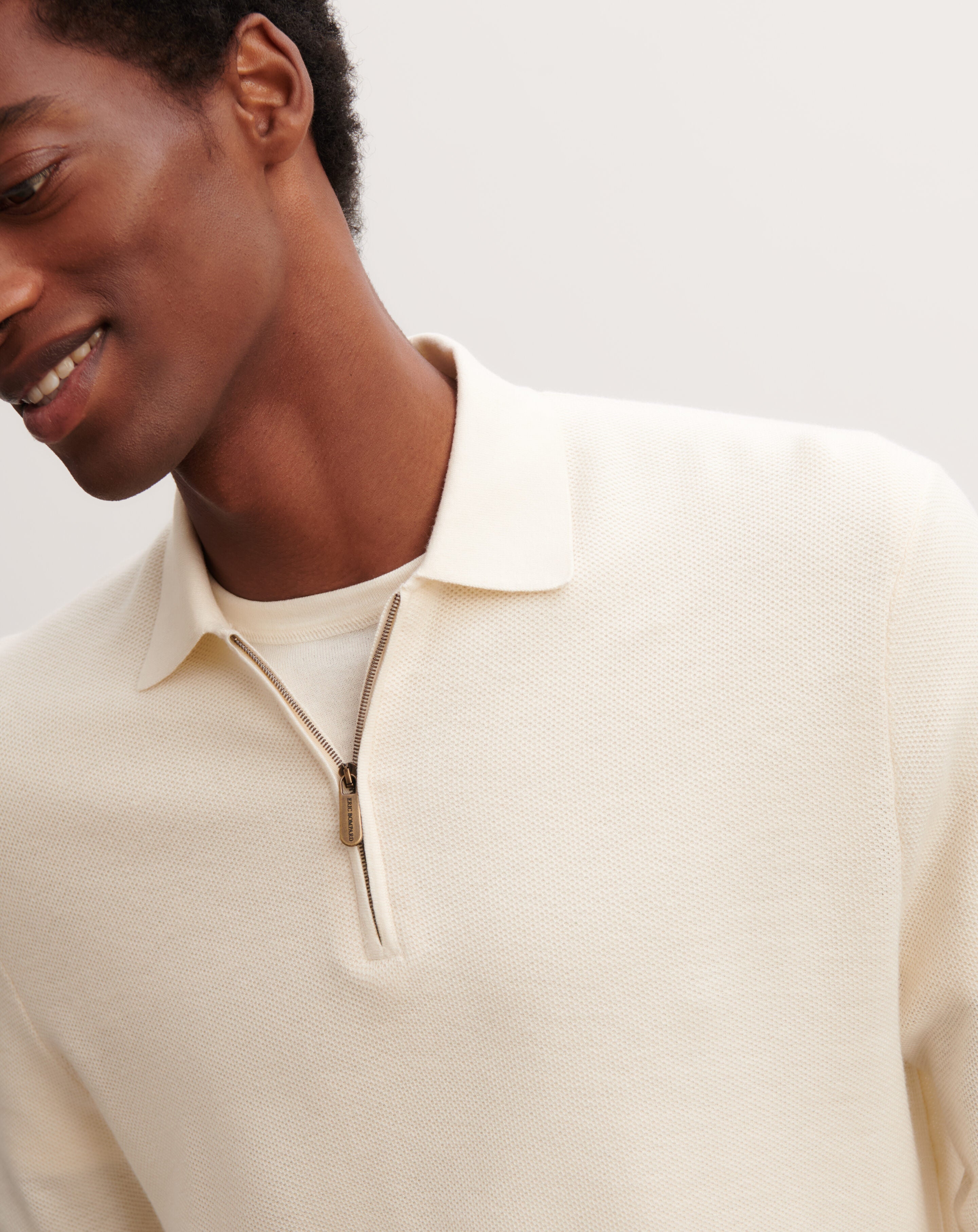 Polo piqué zippé-NATUREL-85% pima coton 15% cachemire