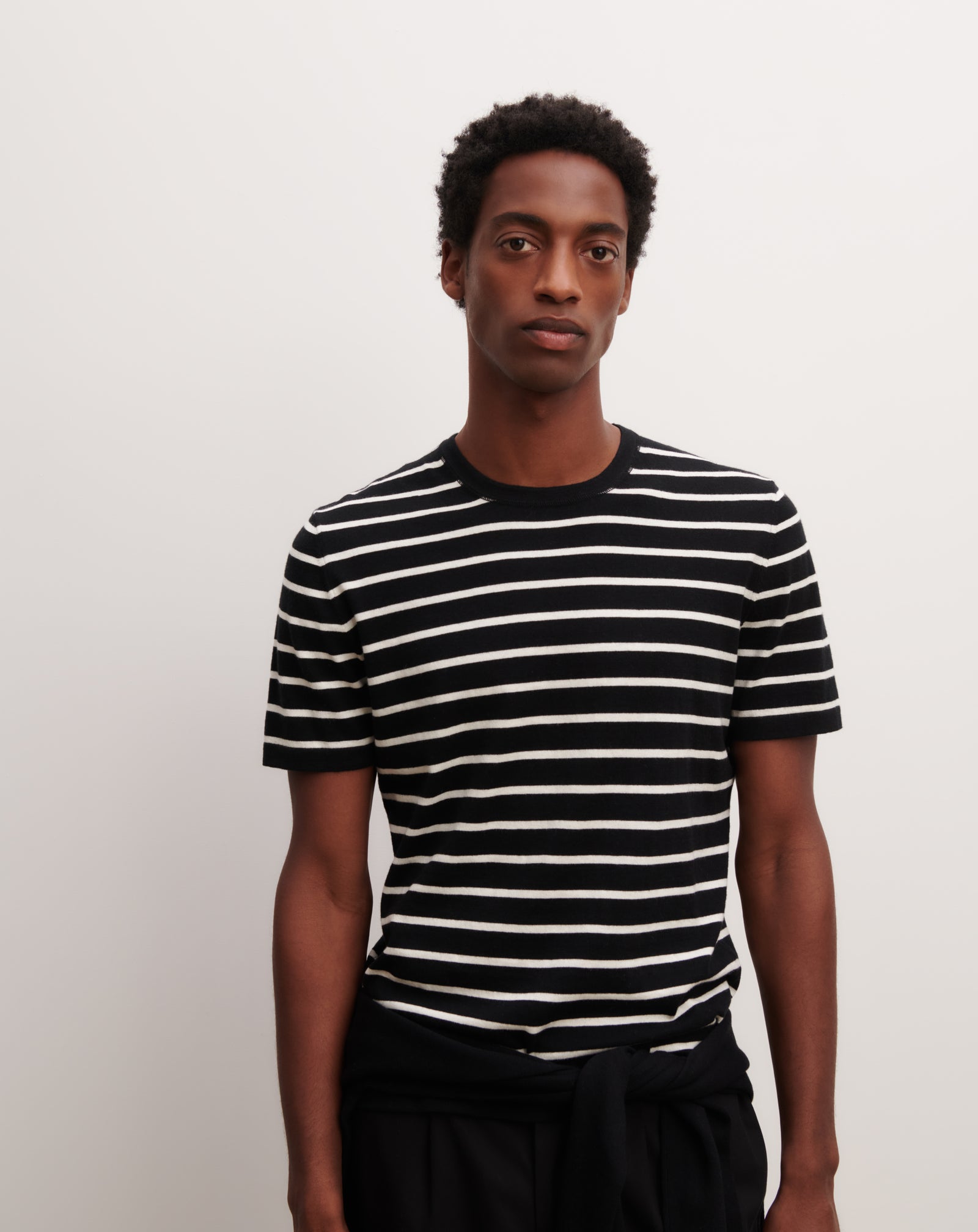 T-shirt ultrafin rayé-NOIR/NATUREL-85% pima coton 15% cachemire