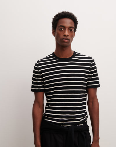 T-shirt ultrafin rayé-NOIR/NATUREL-85% pima coton 15% cachemire