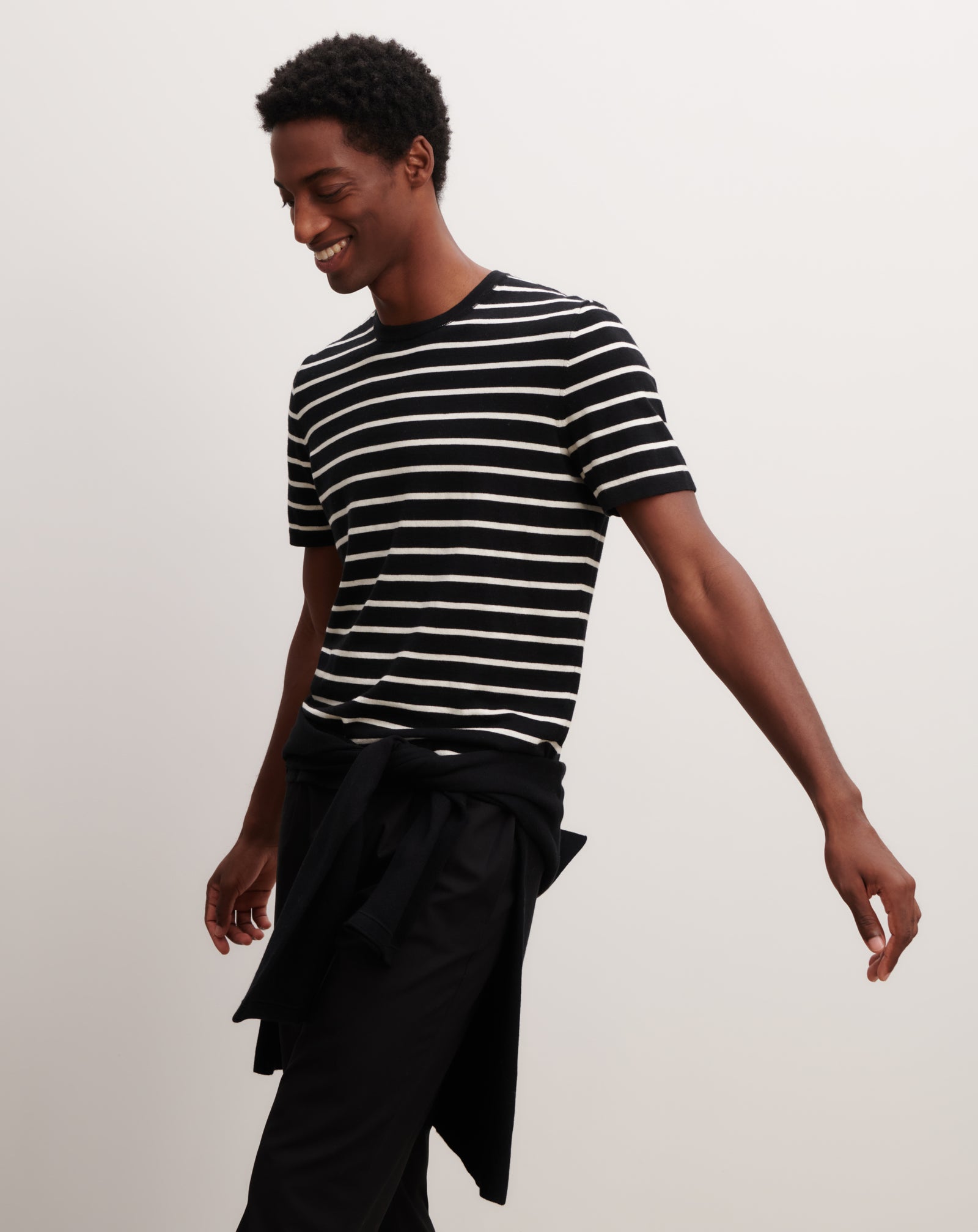 T-shirt ultrafin rayé-NOIR/NATUREL-85% pima coton 15% cachemire