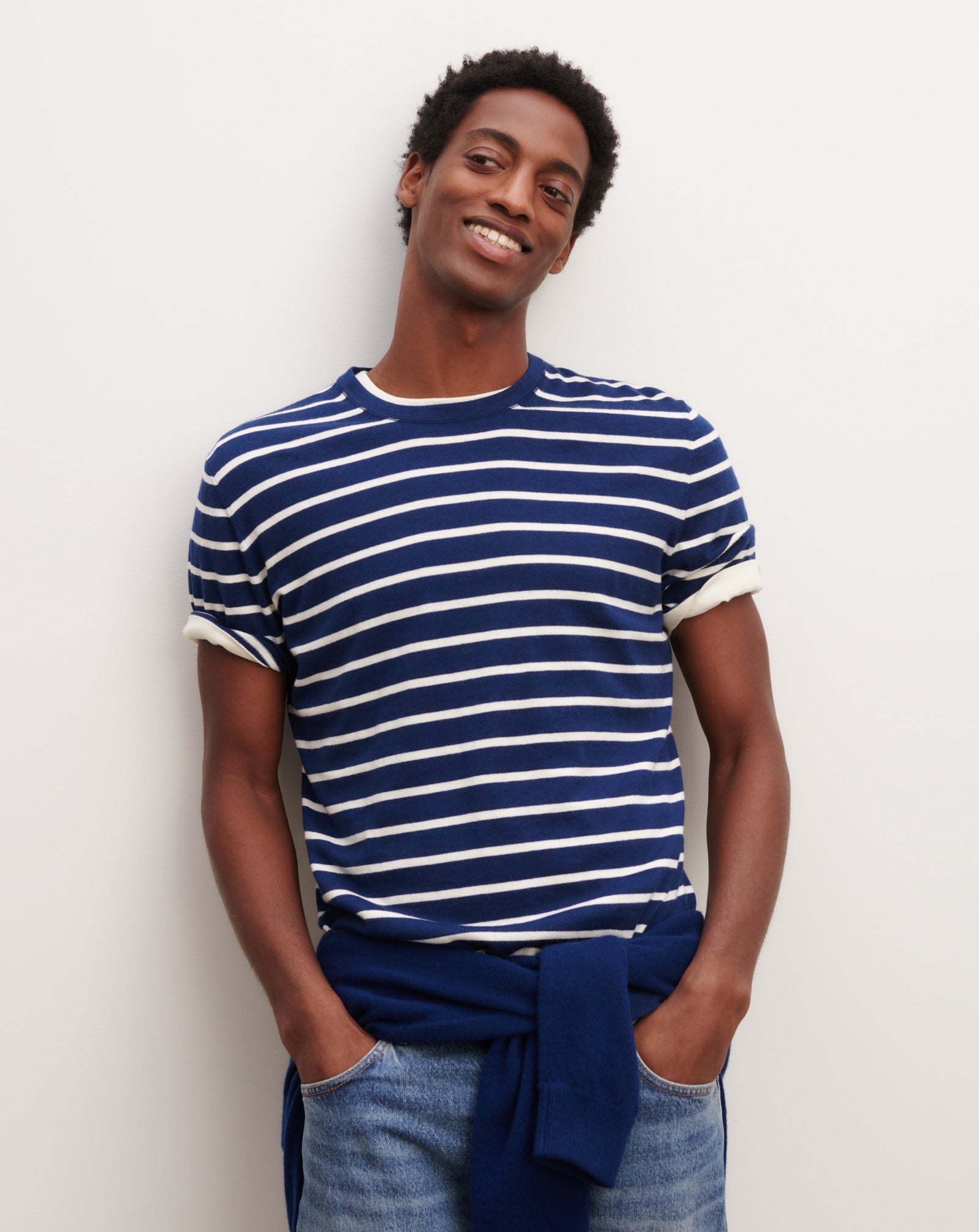 T-shirt ultrafin rayé-AMIRAL/NATUREL-85% pima coton 15% cachemire