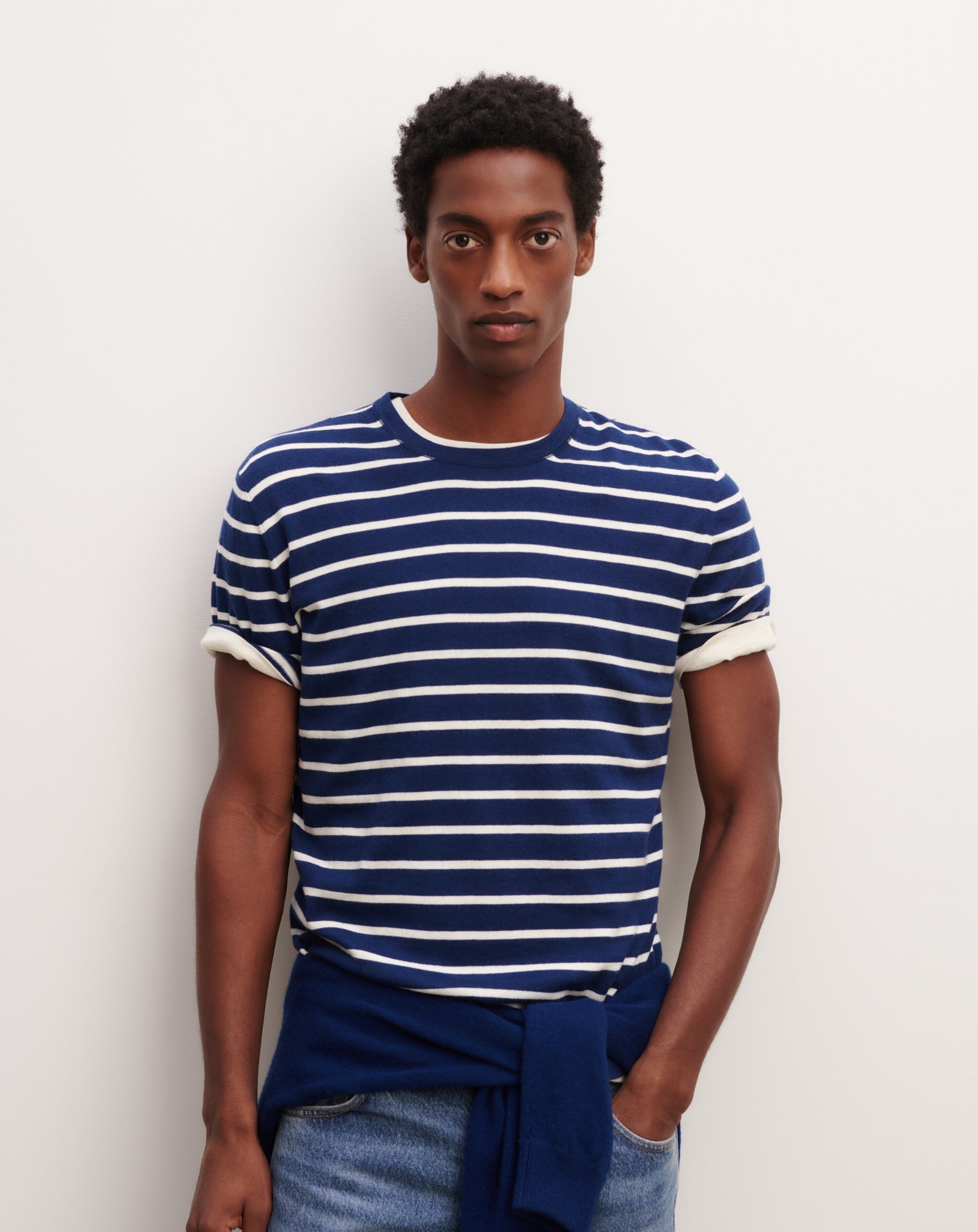 T-shirt ultrafin rayé-AMIRAL/NATUREL-85% pima coton 15% cachemire