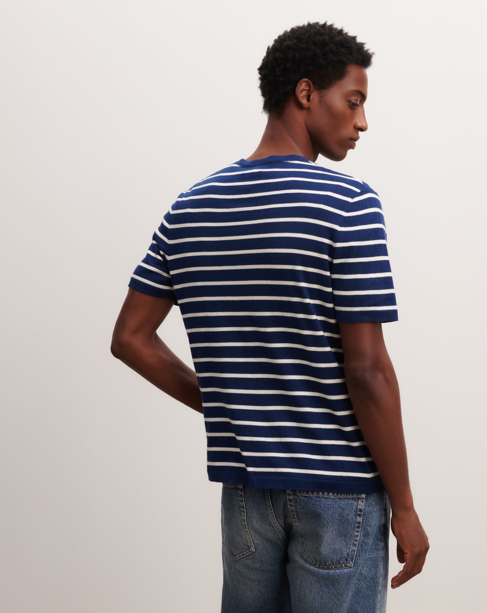 T-shirt ultrafin rayé-AMIRAL/NATUREL-85% pima coton 15% cachemire