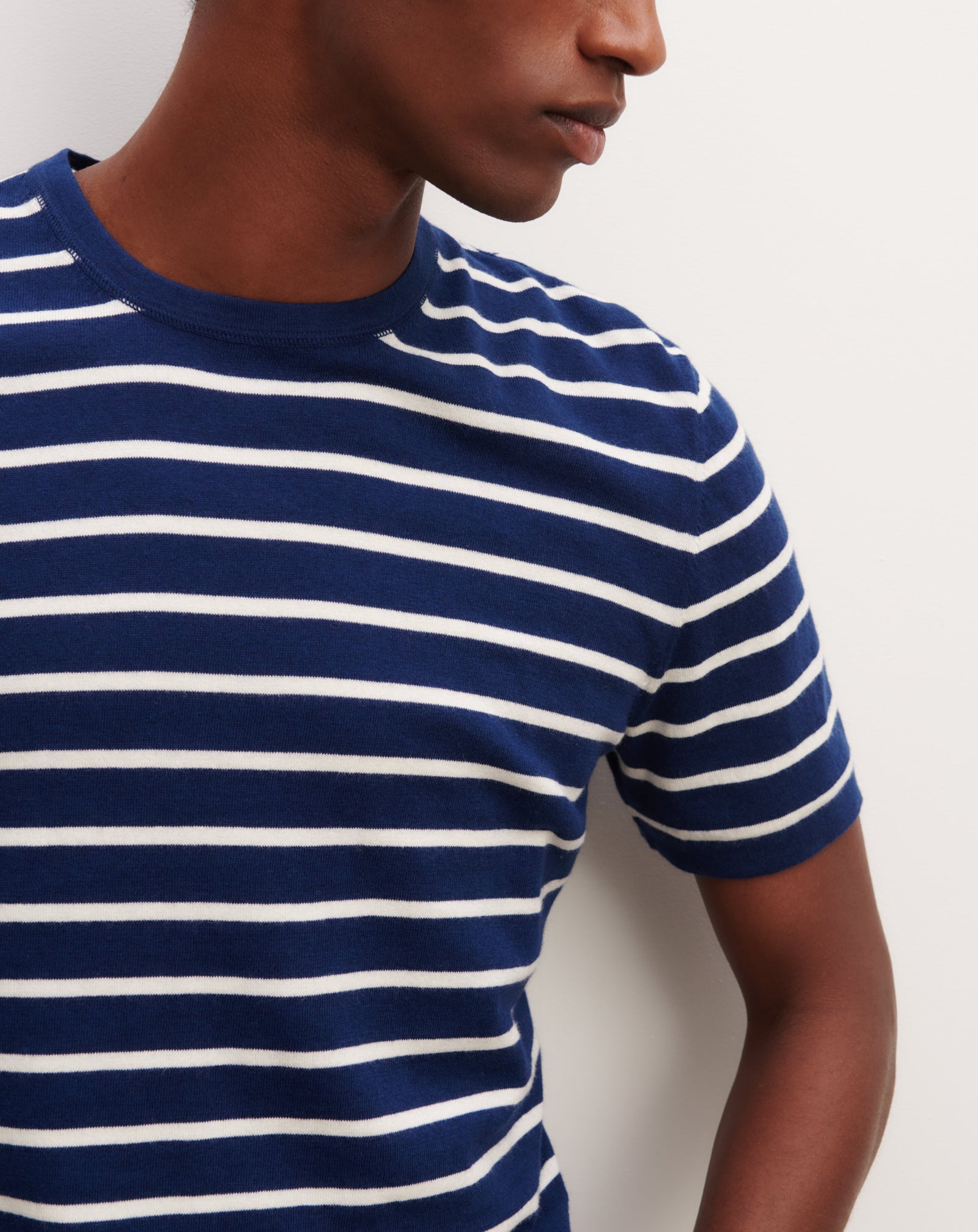 T-shirt ultrafin rayé-AMIRAL/NATUREL-85% pima coton 15% cachemire