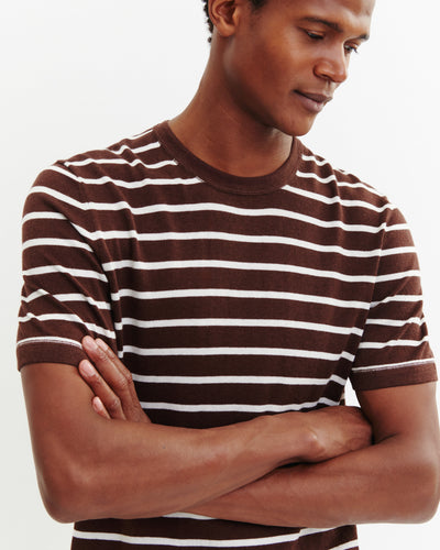T-shirt ultrafin rayé-CAFE/NATUREL-85% pima coton 15% cachemire