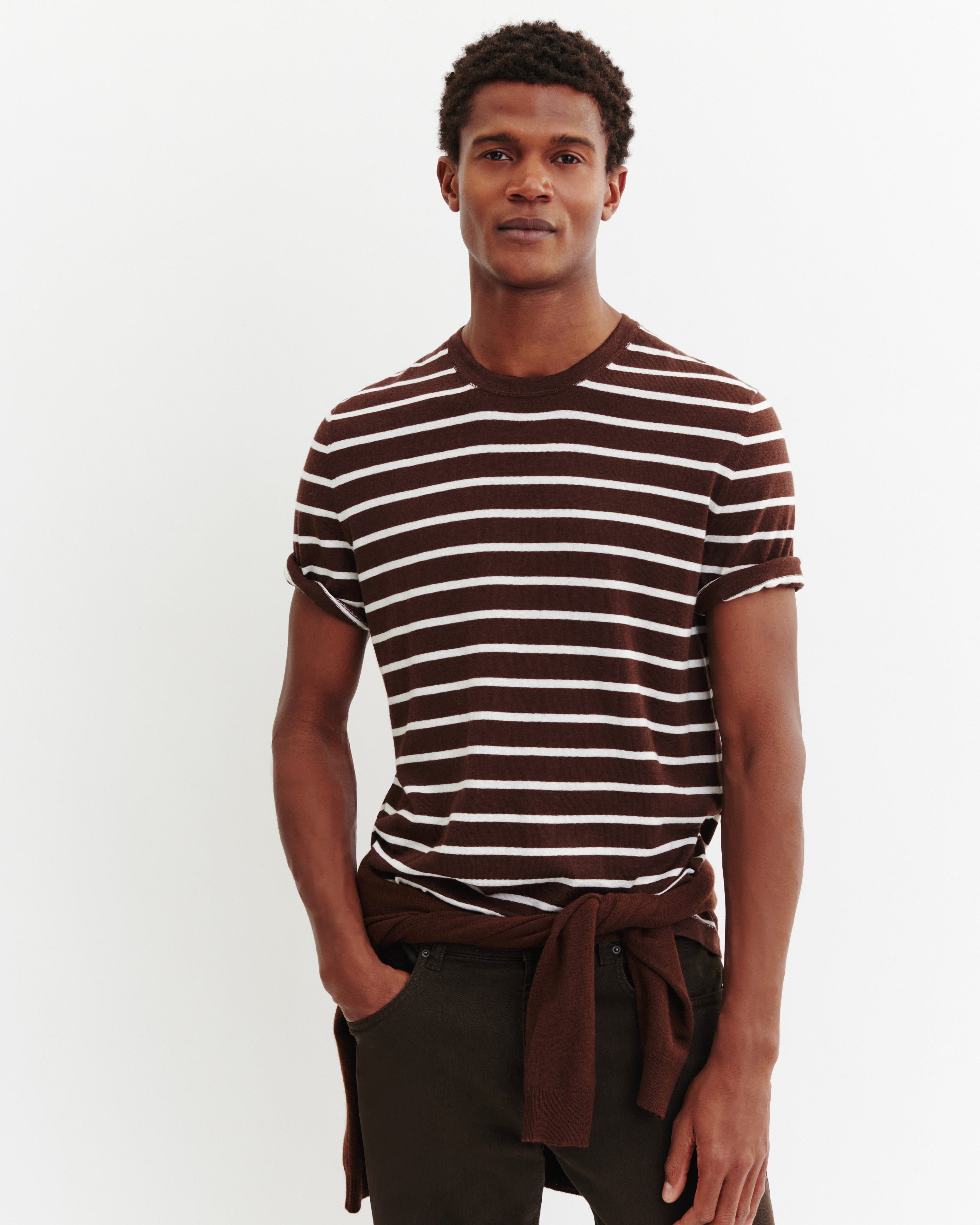 T-shirt ultrafin rayé-CAFE/NATUREL-85% pima coton 15% cachemire